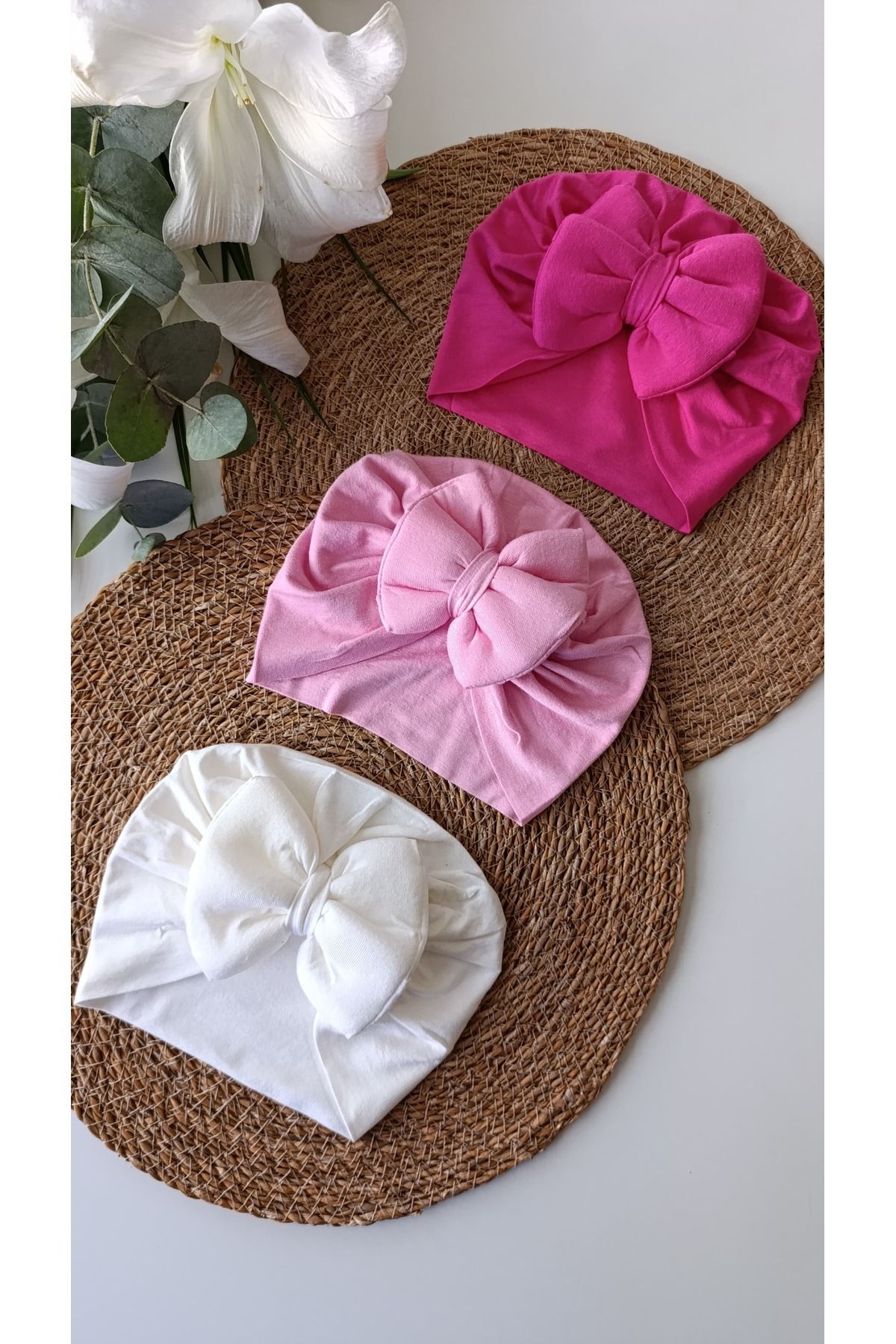 ENİA BABY-Double Layer Bow Baby Bonnet Set of 3 1