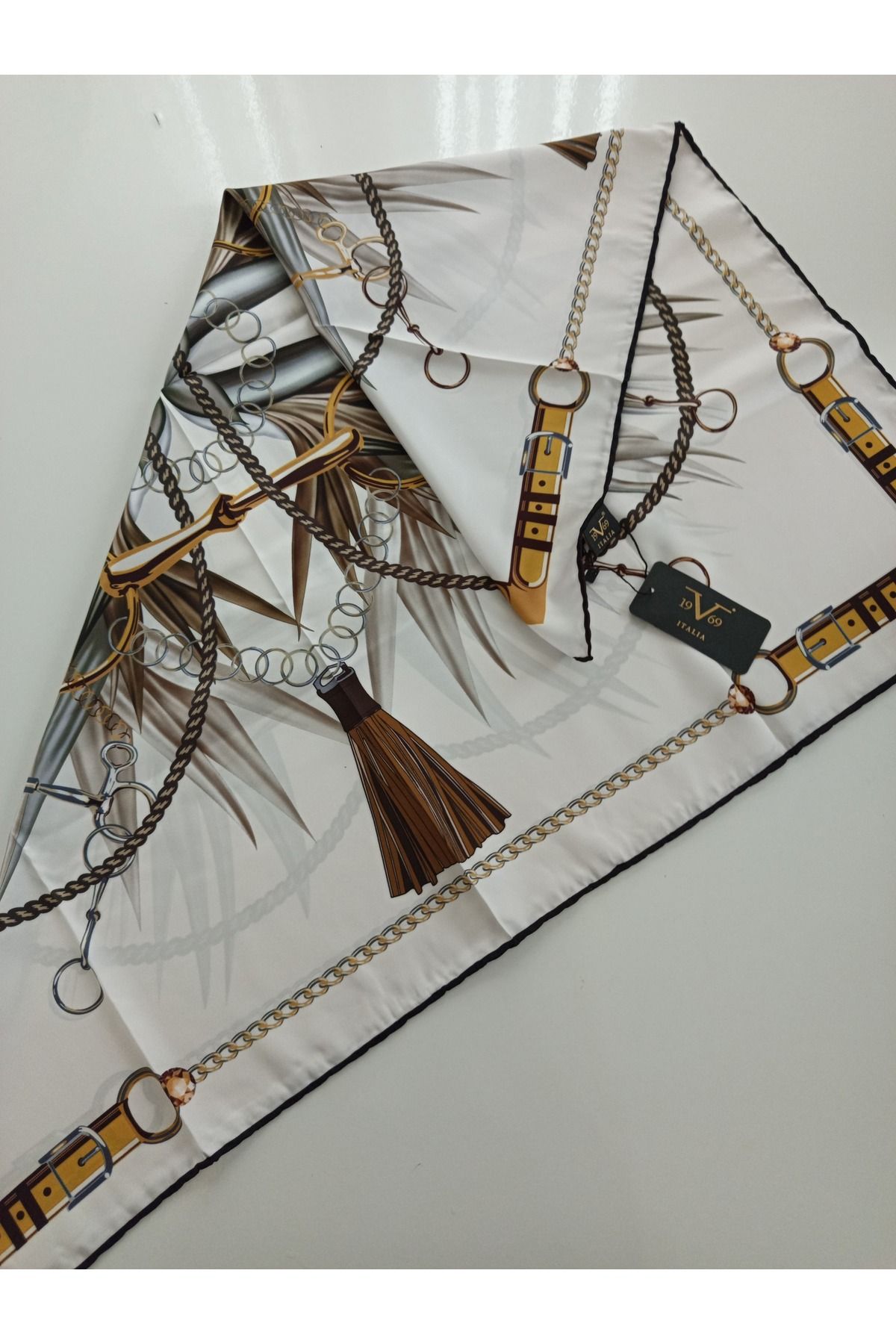 19V69 ITALIA-Belted Tassel Pattern Black Series Twill Scarf 90X90 cm 3