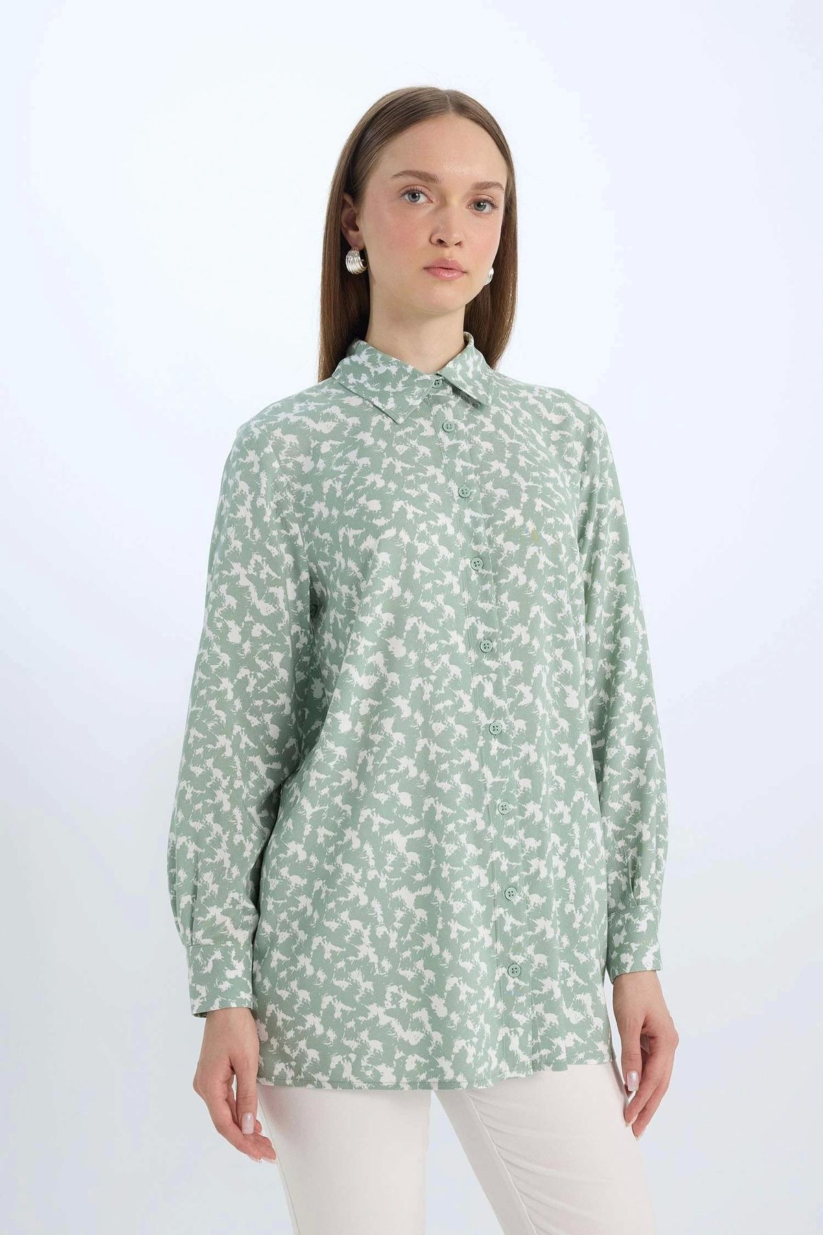 Z5833 Yeşil Regular Fit Desenli Uzun Kollu Gömlek Tunik - 3