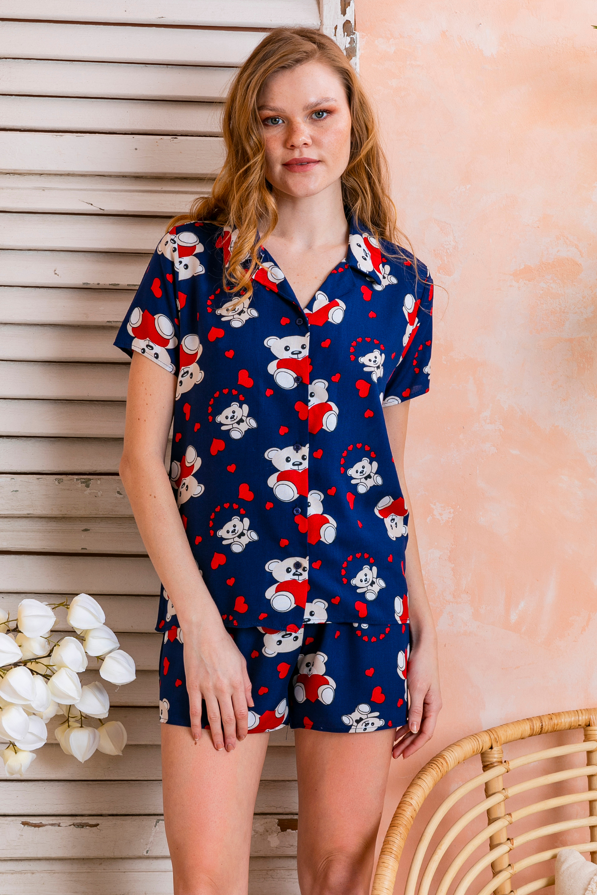 GİYSA  Kadın Gömlek Yaka Şortlu Desenli Pijama Takımı Lacivert - 925046 - Görsel 4