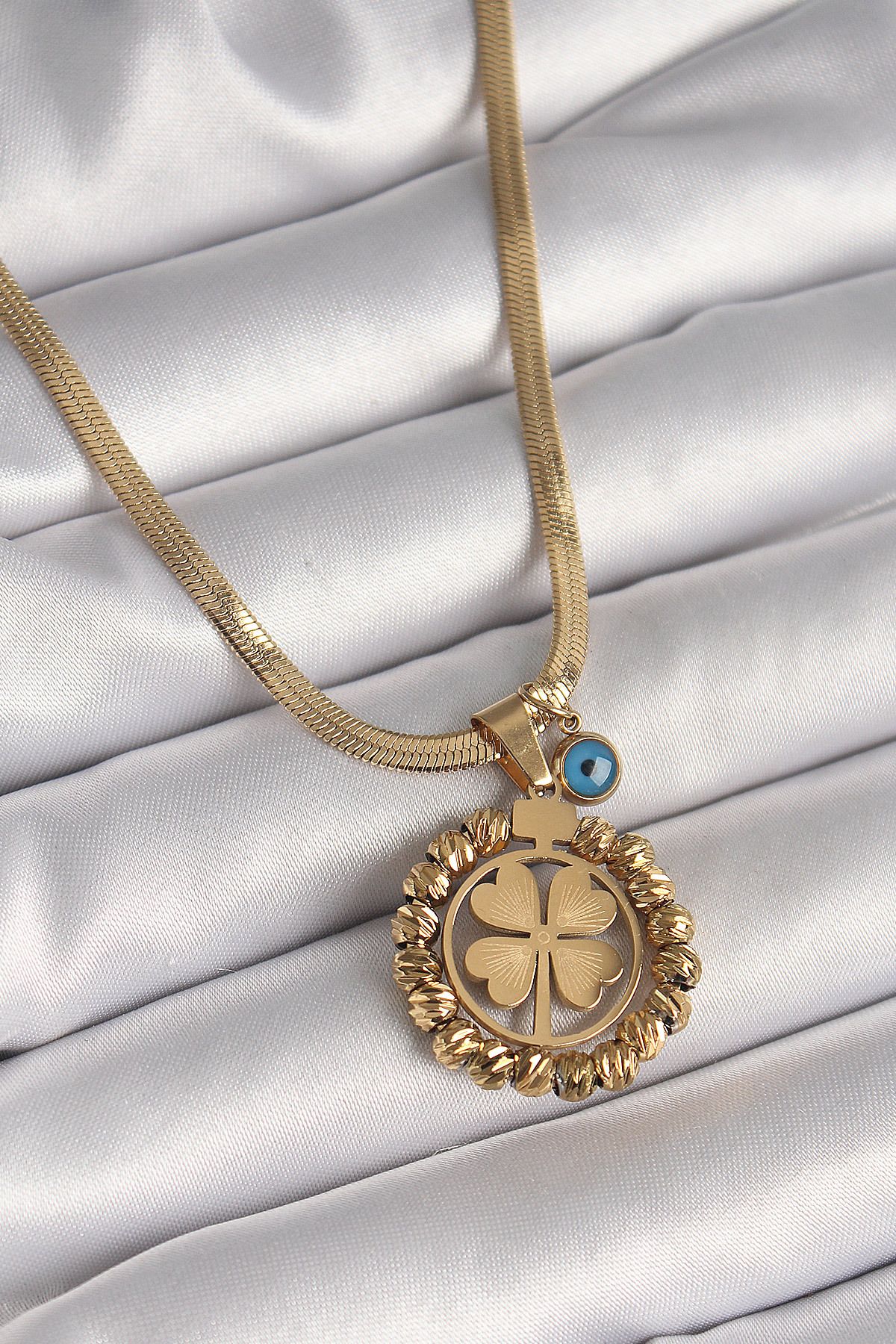 MMB Boutique 316L Çelik Gold Renk İtalyan Zincir Dorika Yonca Model Nazar Boncuk Detay Kadın Kolye