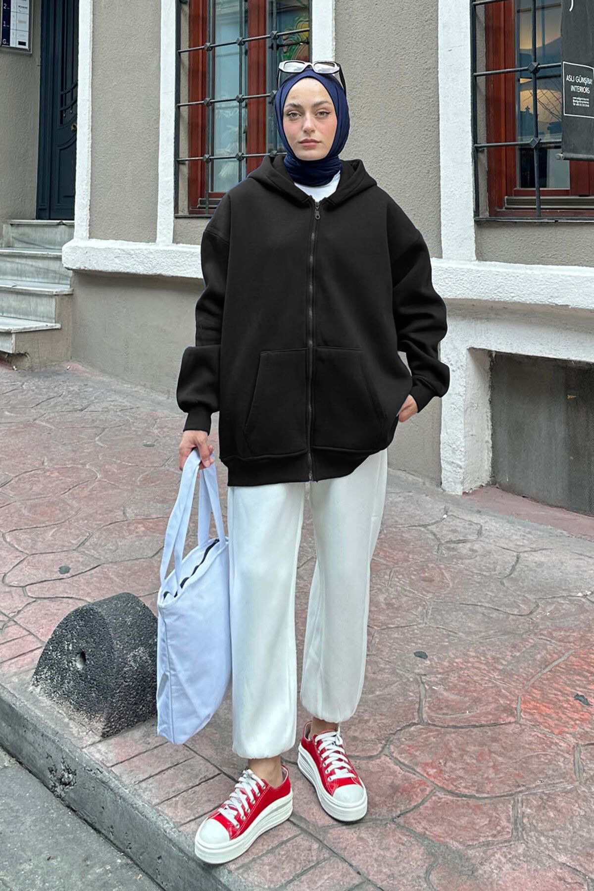 Kadın SİYAH Oversize Bol Tam Fermuarlı Hırka — مشکی BRNHRK022 — تصویر 2 از 3