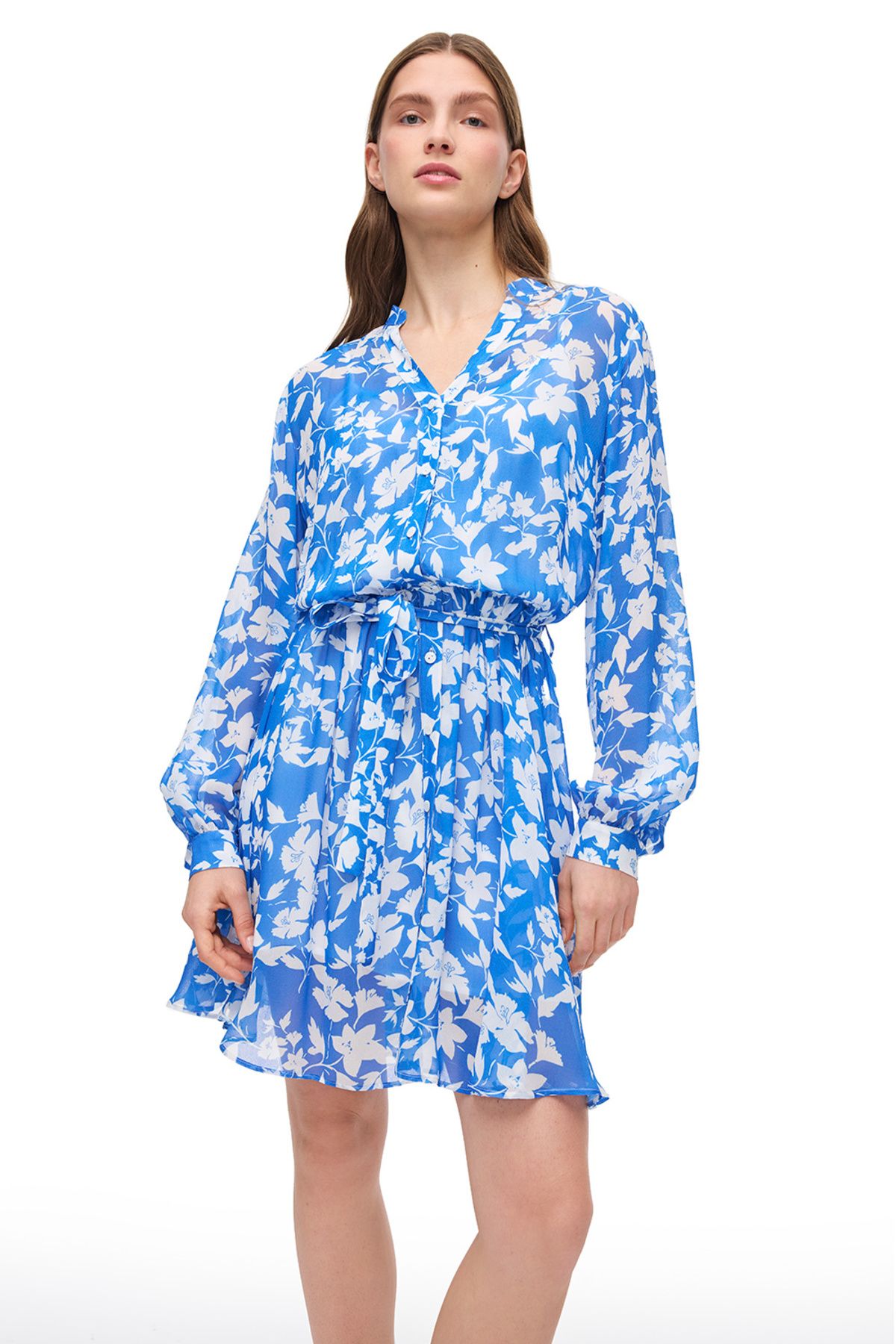 Perspective-Blue White Catos Regular Fit Floral Mini Length Dress 2