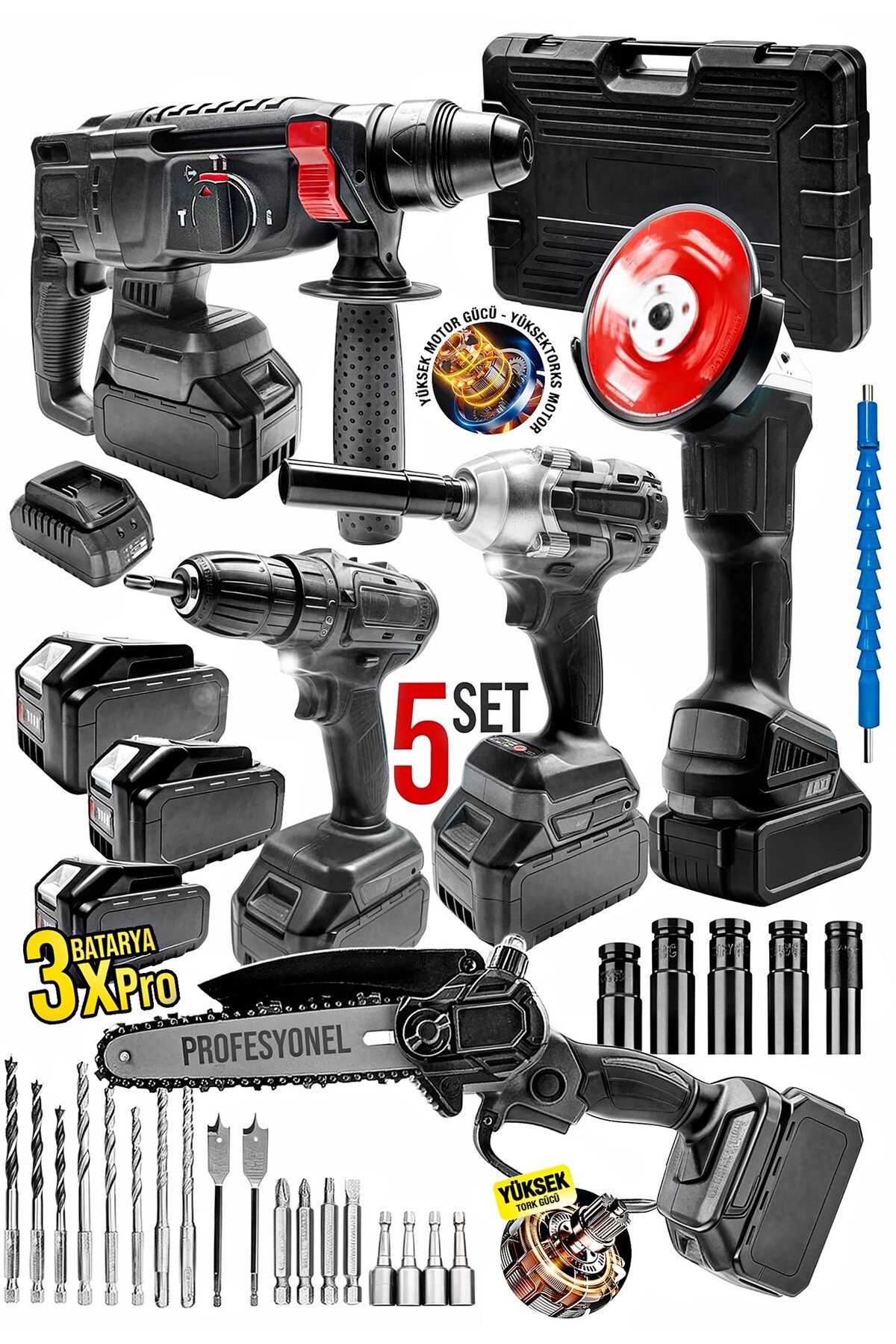 MOONSHOP Profesyonel Şarjlı Darbeli 5'li Set 2-26 Hilti 125mm Taşlama 13mm Matkap 650nm Somun Sökme Dal Budam