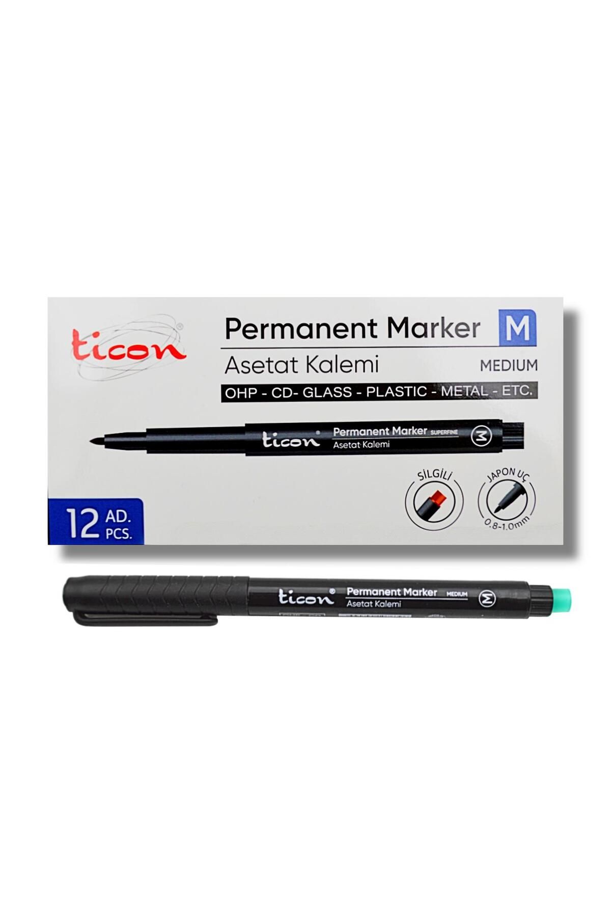 Ticon Permanent Asetat Kalemi M Uç Silgili SİYAH 12 Adet