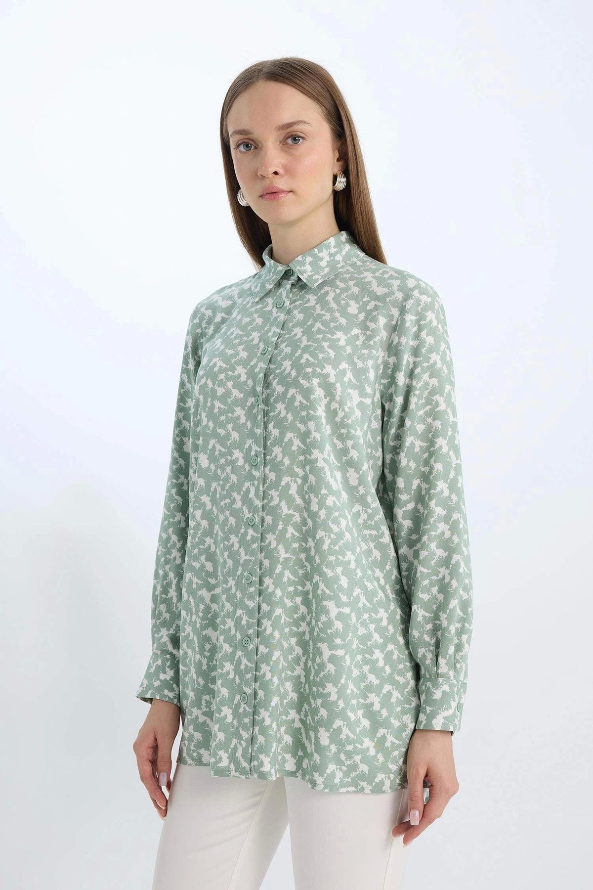 Z5833 Yeşil Regular Fit Desenli Uzun Kollu Gömlek Tunik - 4