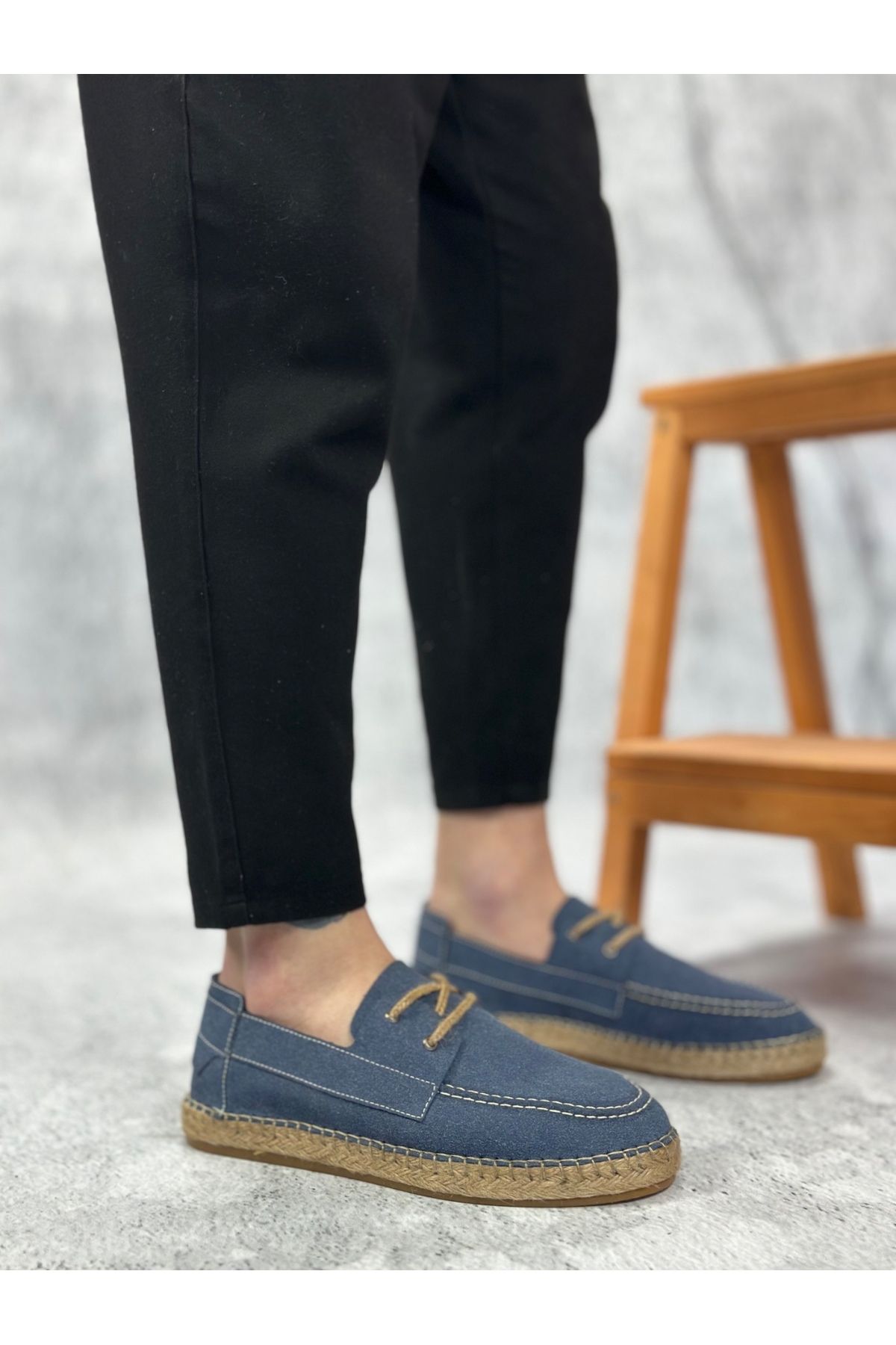 BOA BA0358 BOA Doğal Deri Tozu Bağcıklı Kauçuk El Yapımı Espadril Taban Mavi Renk Erkek Ayakkabı