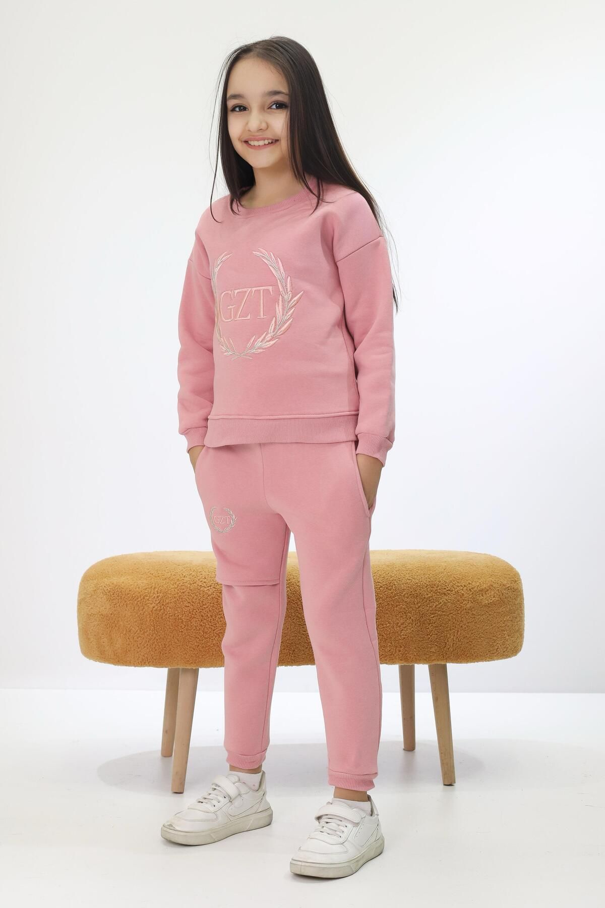 GZT TEKSTİL-Pink Dream Girl's Embroidered Tracksuit Set 2