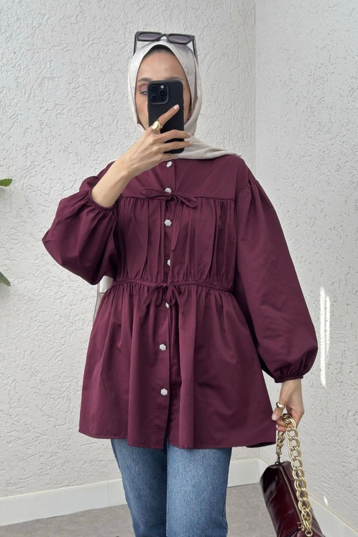 DEFNECE BOUTIQUE-Burgundy Tunic - Lace-Up and Drawstring 2