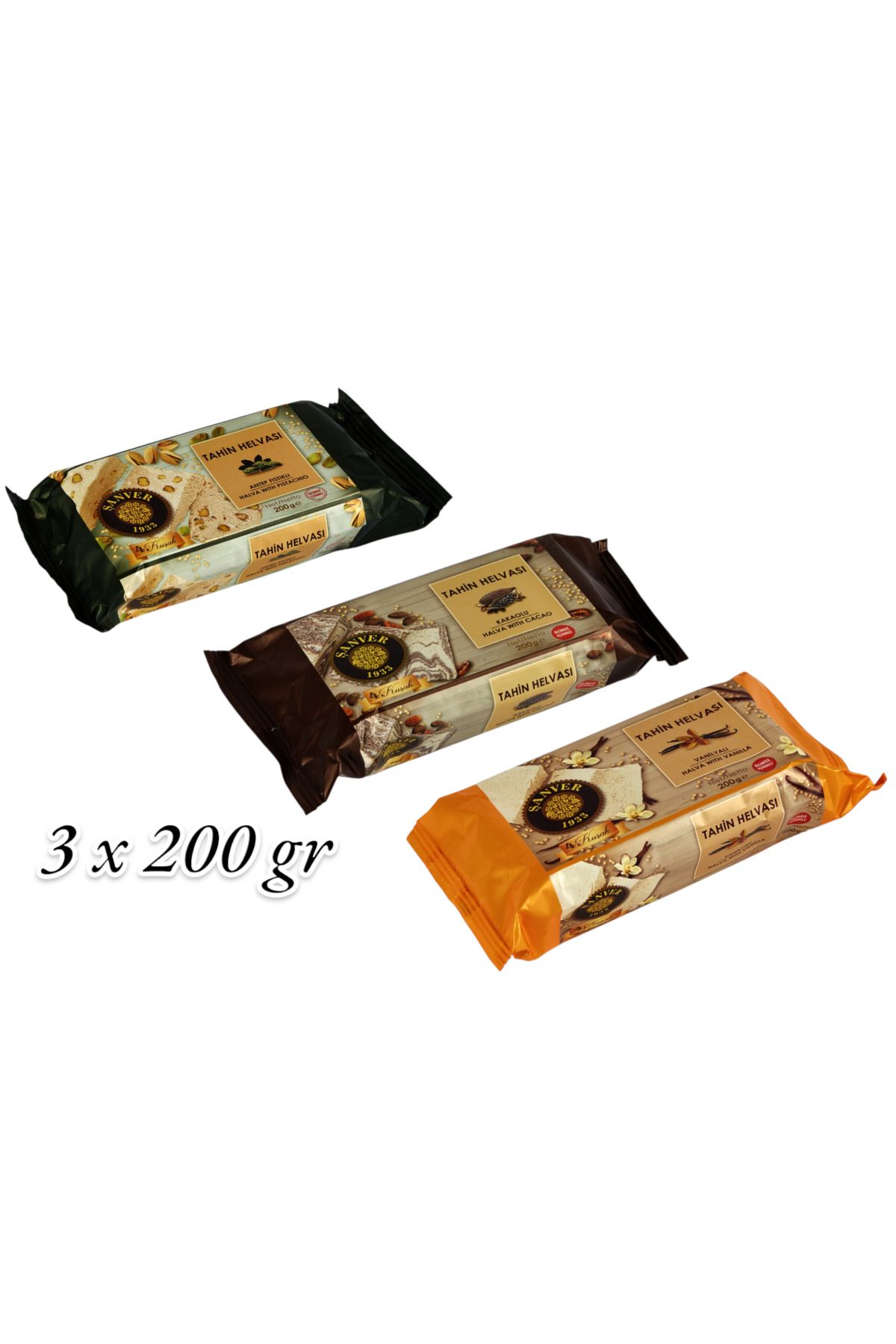 Şanver TAHİN HELVASI 3 LÜ PAKET-GLİKOZ İÇERMEZ (3 AD. X 200 GR)(SADE-KAKAOLU-ANTEP FISTIKLI)