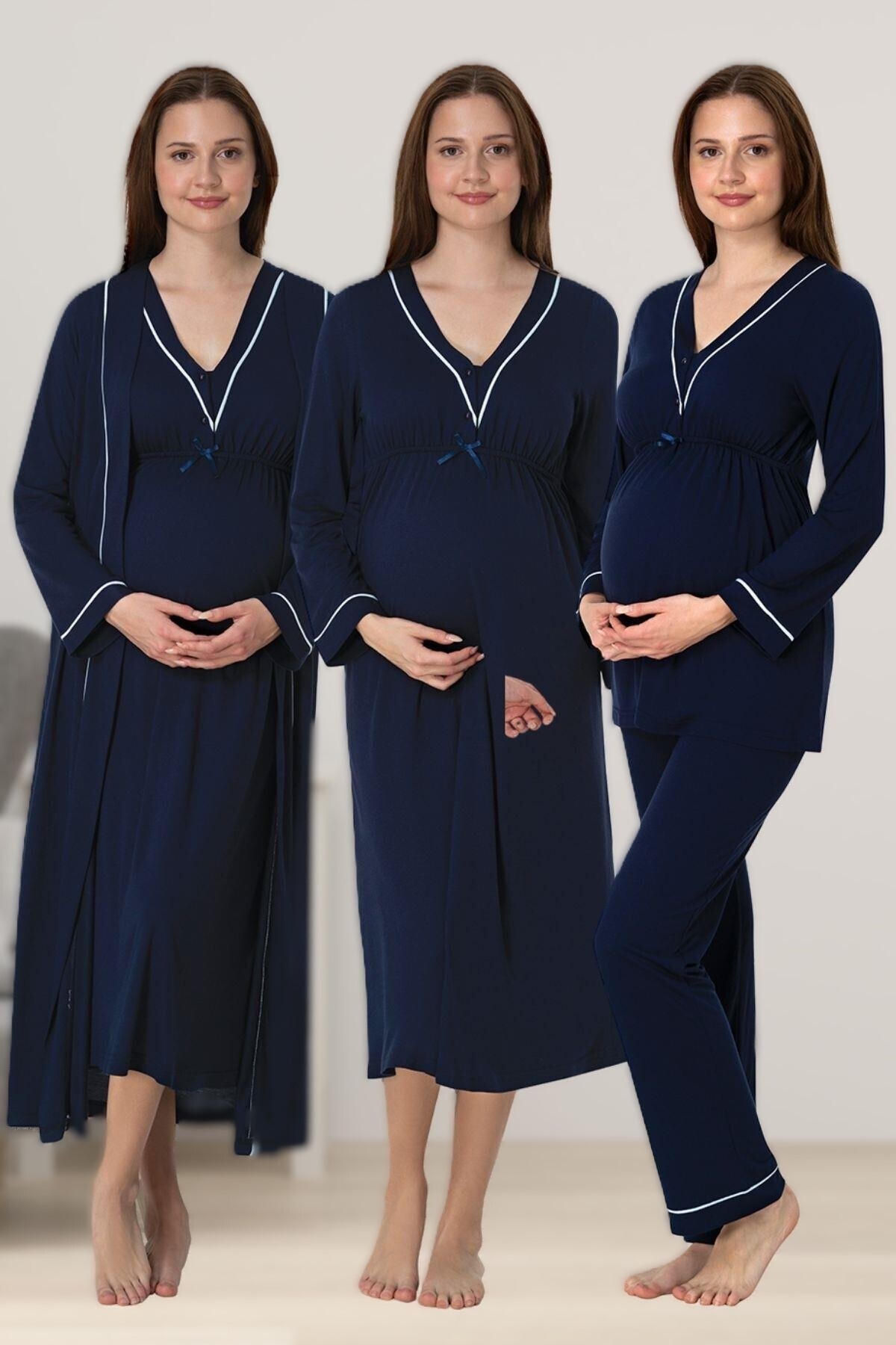 BLACKMORE Kadın Lacivert Pamuklu Uzun Kollu Emzirmeli Hamile Lohusa Sabahlıkl Pijama Takım ve Gecelik 4'lü Set