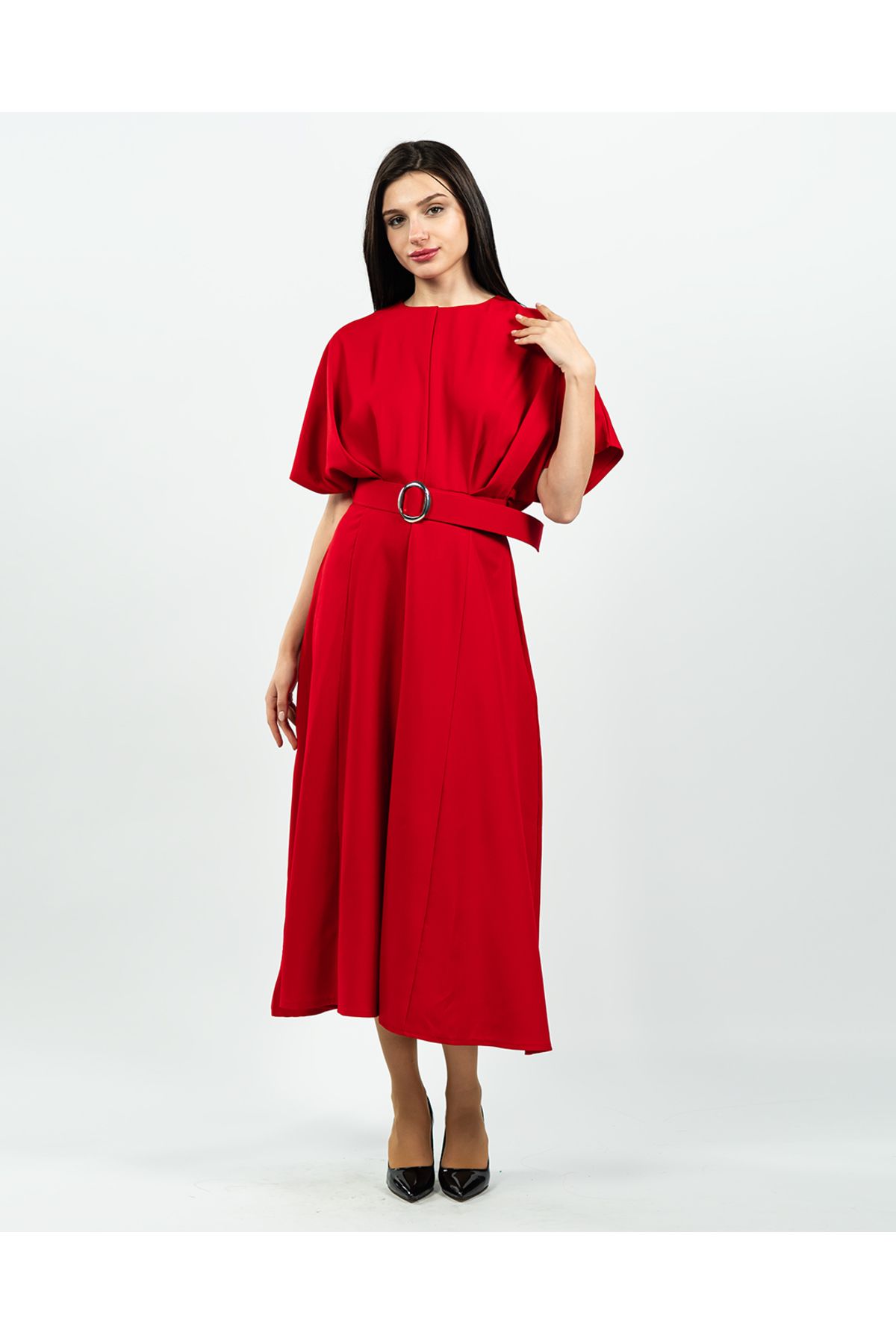 maf collection-Women's Red Atlas Fabric Belt Detailed Midi Evening Dress 2