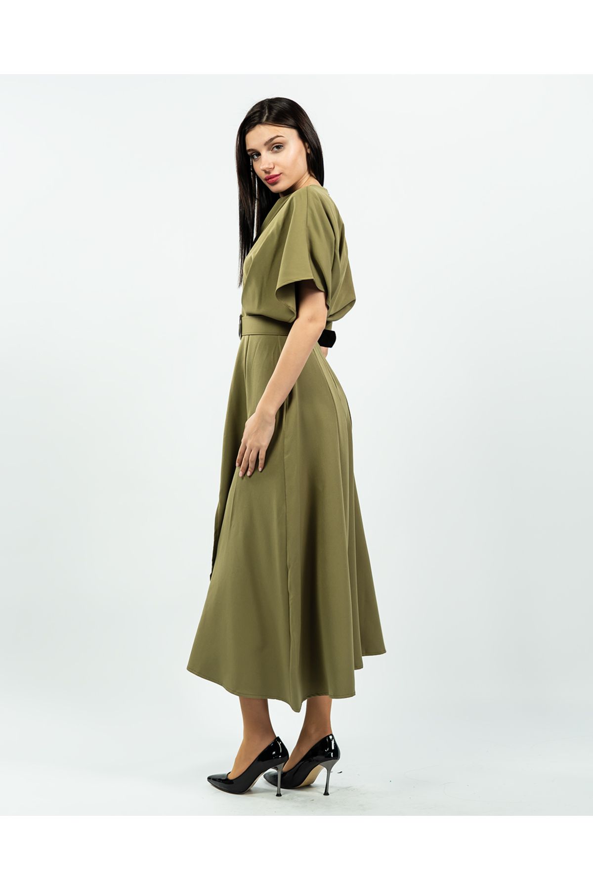 maf collection-Women's Khaki Atlas Fabric Belt Detailed Midi Evening Dress 3