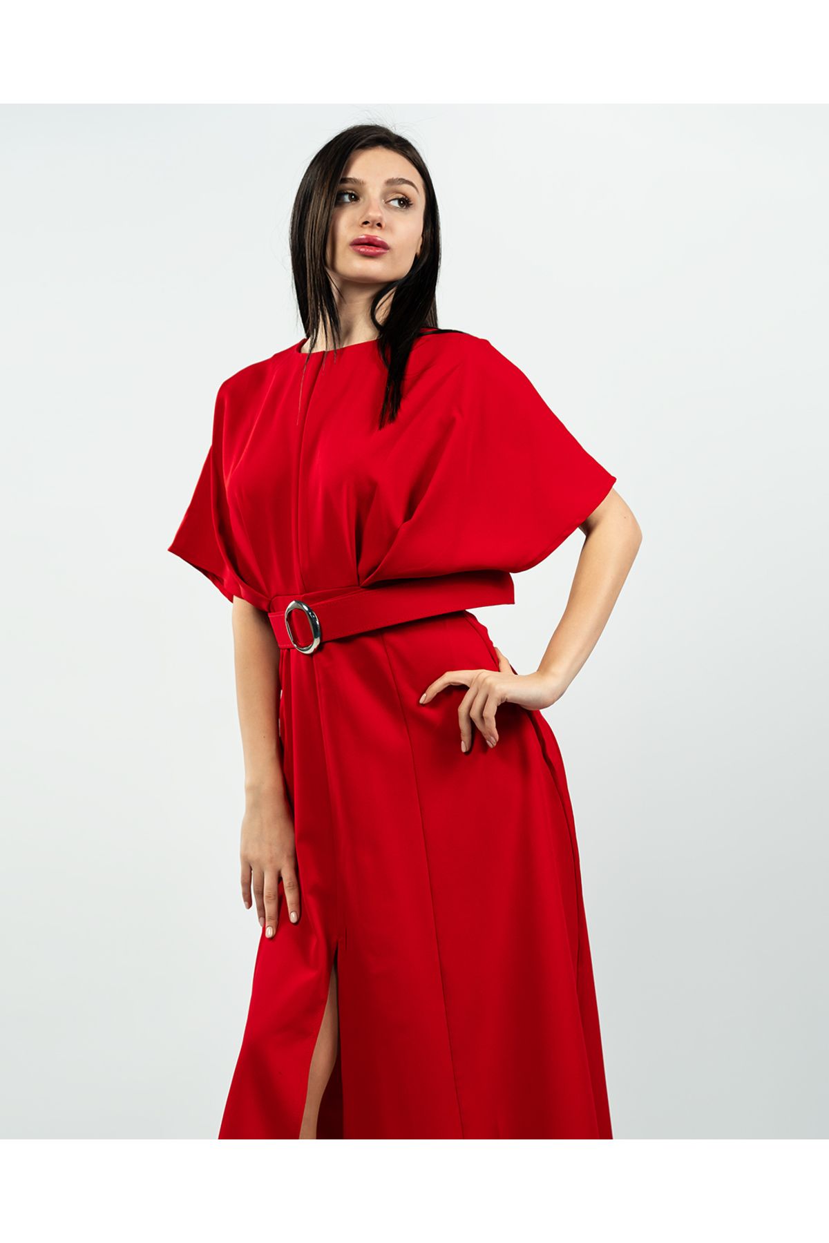 maf collection-Women's Red Atlas Fabric Belt Detailed Midi Evening Dress 4