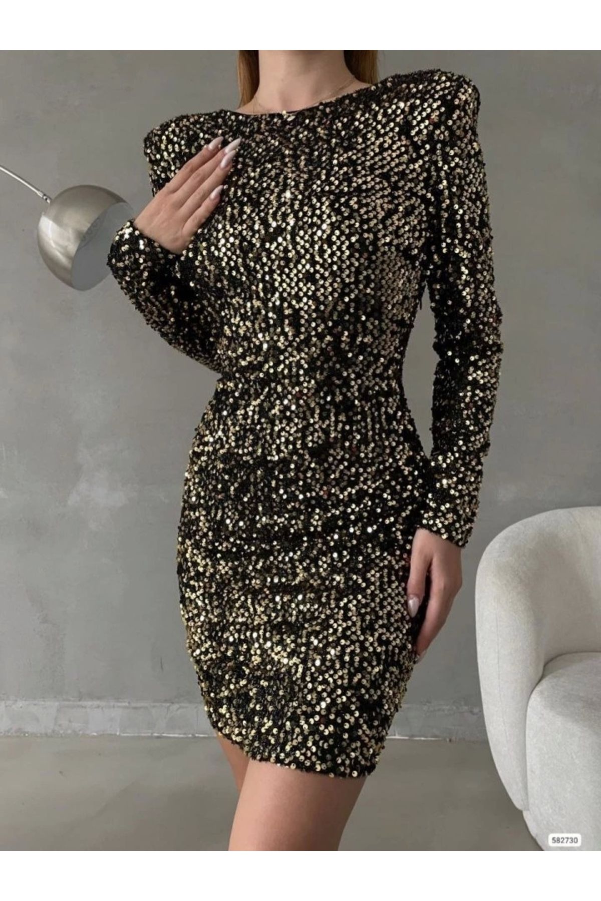 Mode Cool-Women's Long Sleeve Wadded Detail Full Sequin Sequin Mini Dress 2