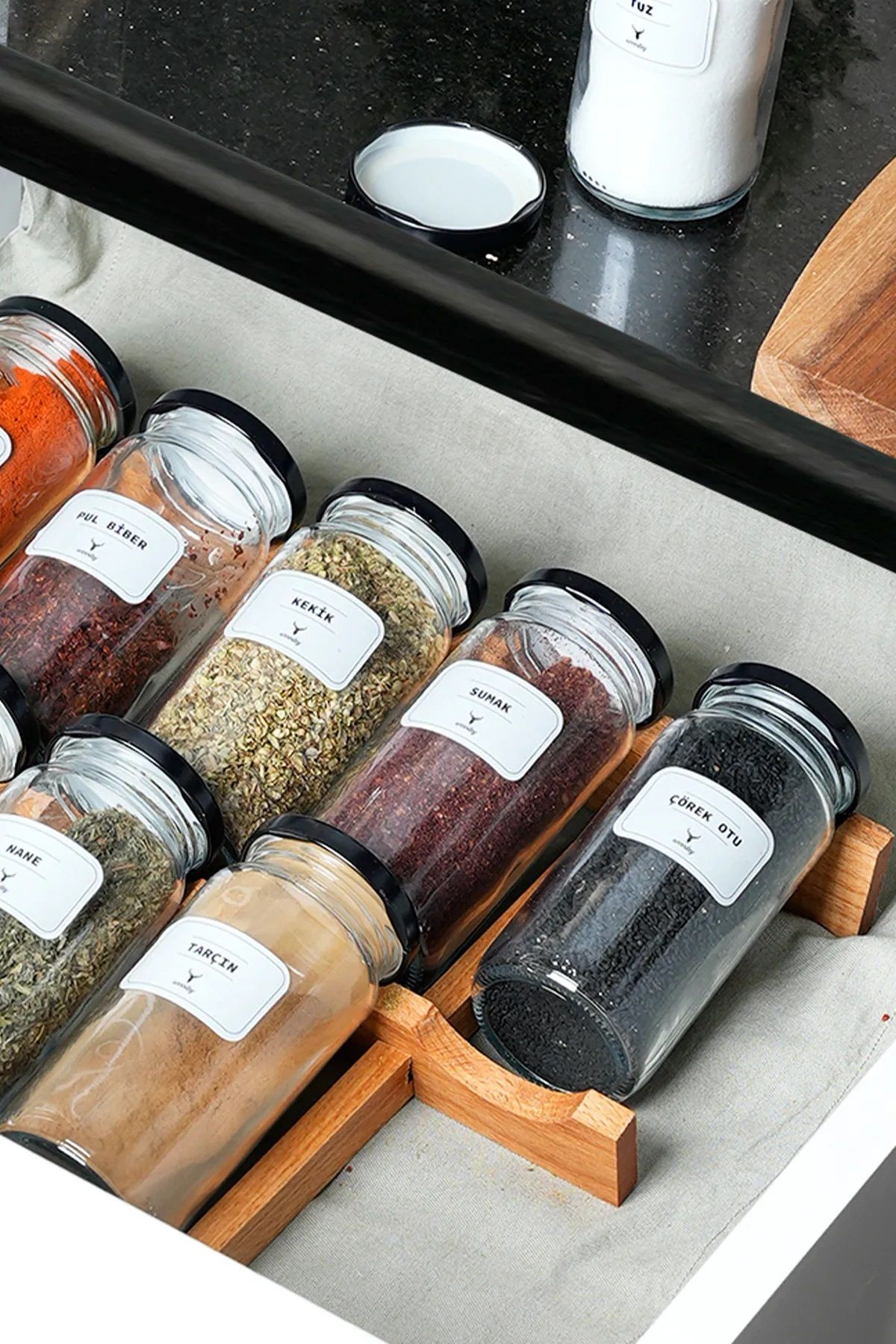woodsy-10 Pieces Spice Rack Organizer, Drawer with Labels and Spice Rack Set 5