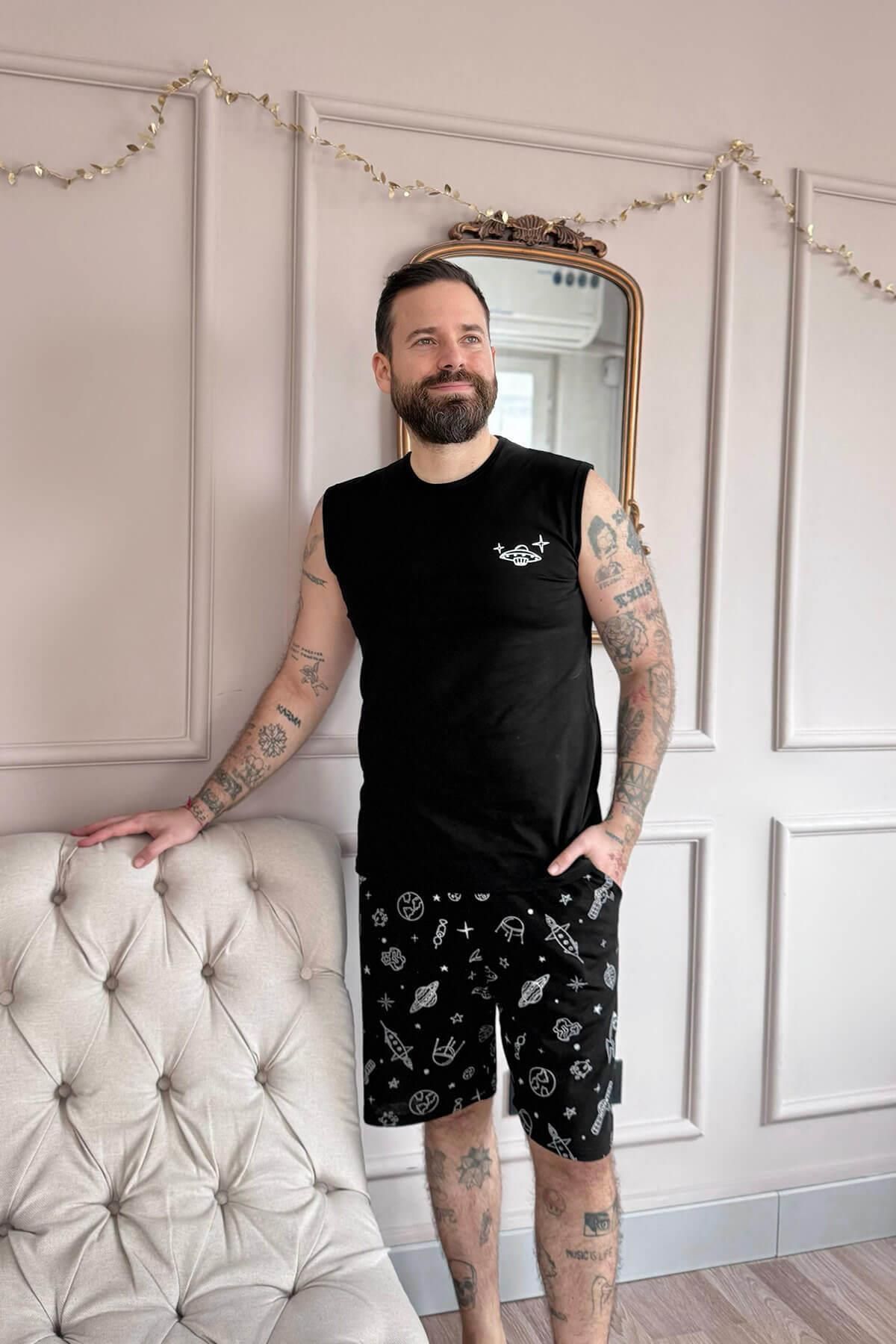 Pijamaevi-Black Space Printed Men's Pajama Set with Zero Sleeve Shorts 6