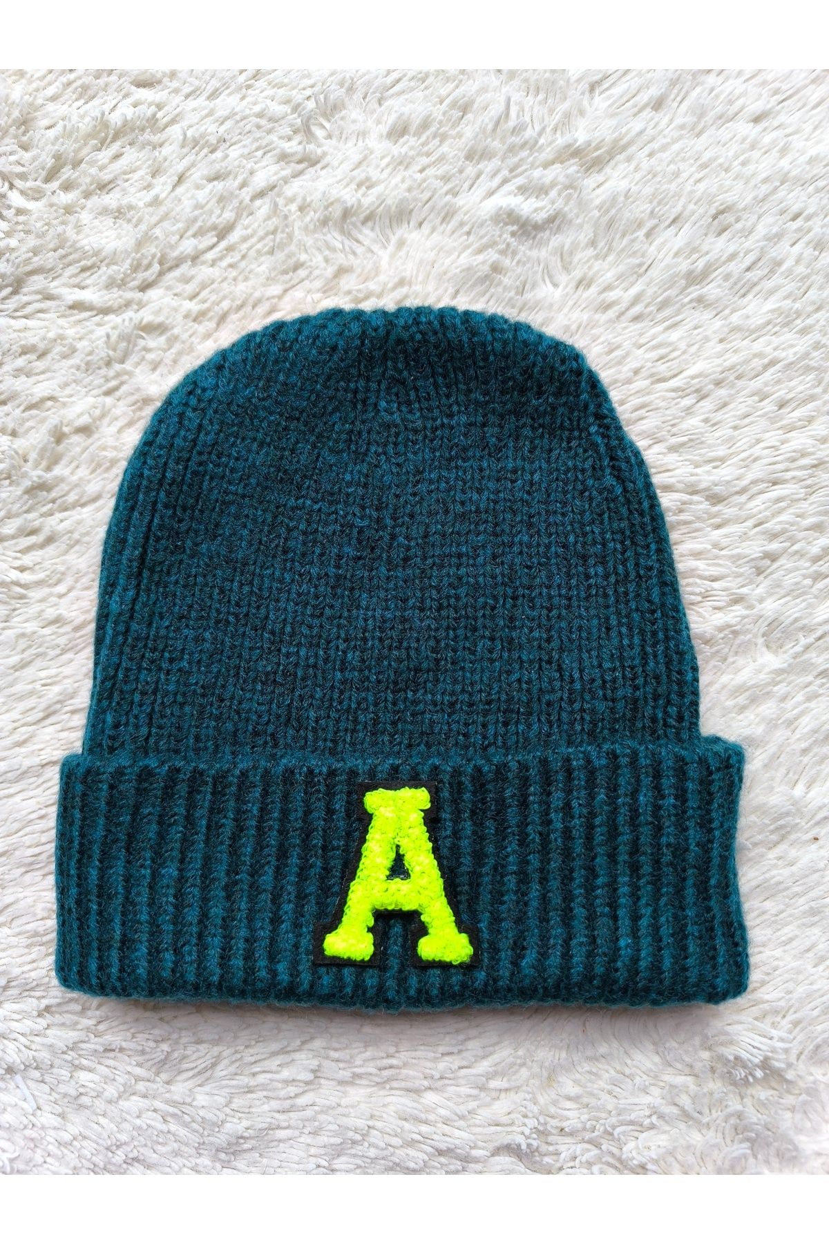 ANZE-Wool Beret Light Green Applique a Letter Knitted Mohair Fold Beanie 1