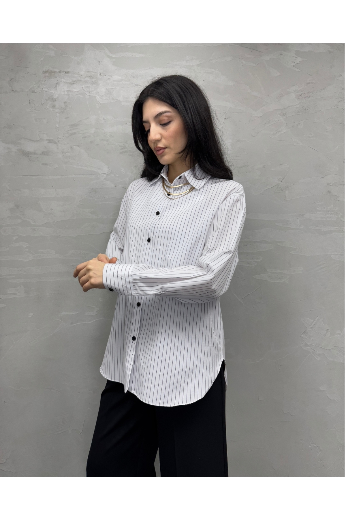 Beyaz Çizgili Poplin Oversize Gömlek