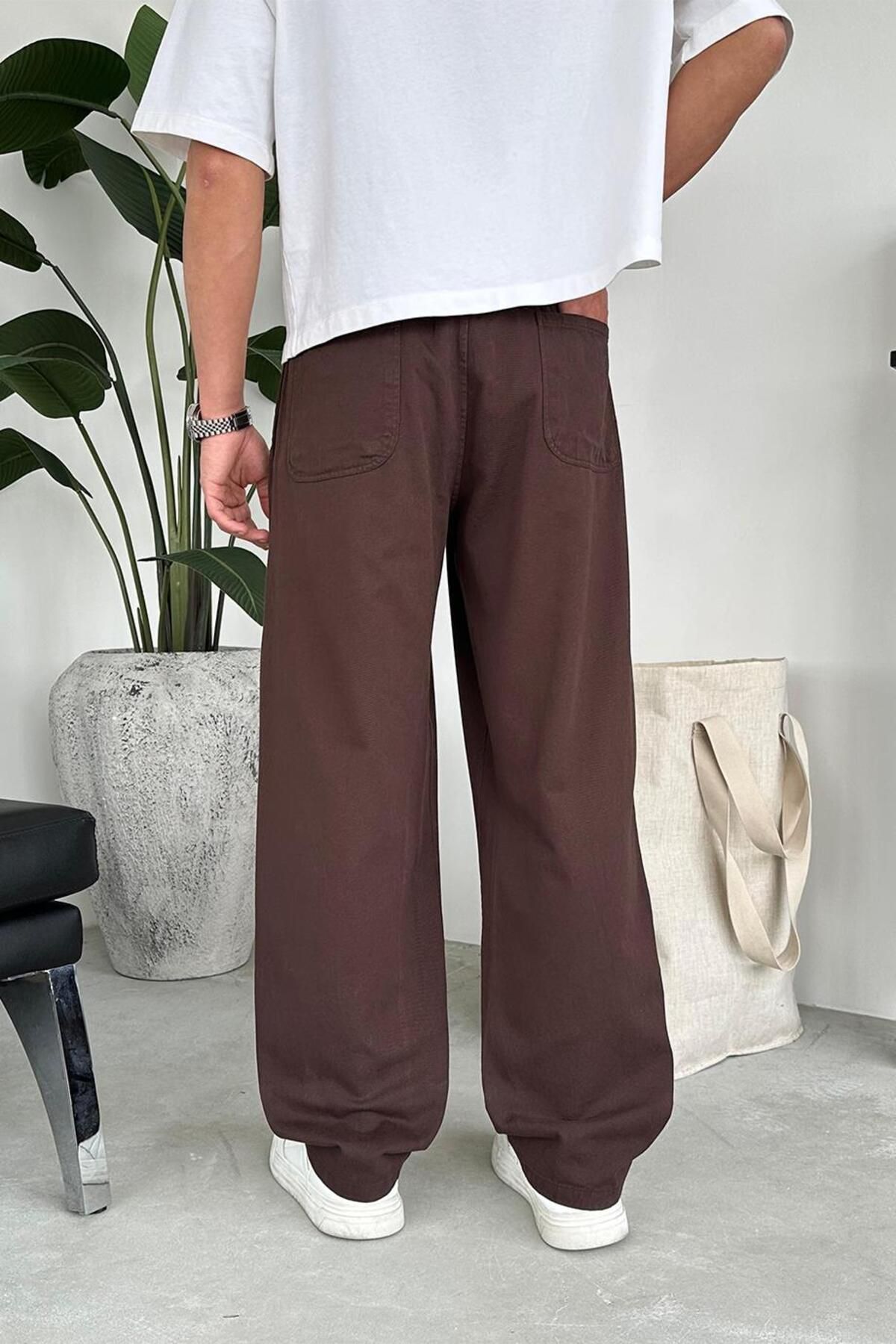 HAFKAGİYİM-Brown Basic Gabardine Elastic Waist Trousers 3