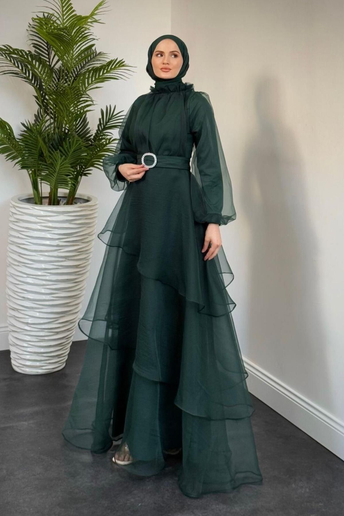 MERVEN AKYÜZ-Patricia Tulle Evening Dress, Emerald Color 2