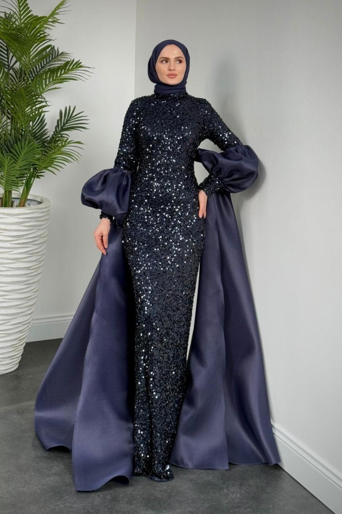 MERVEN AKYÜZ-Jamie Sleeves Mobile Cape Balloon Sleeve Evening Dress Navy Blue 3