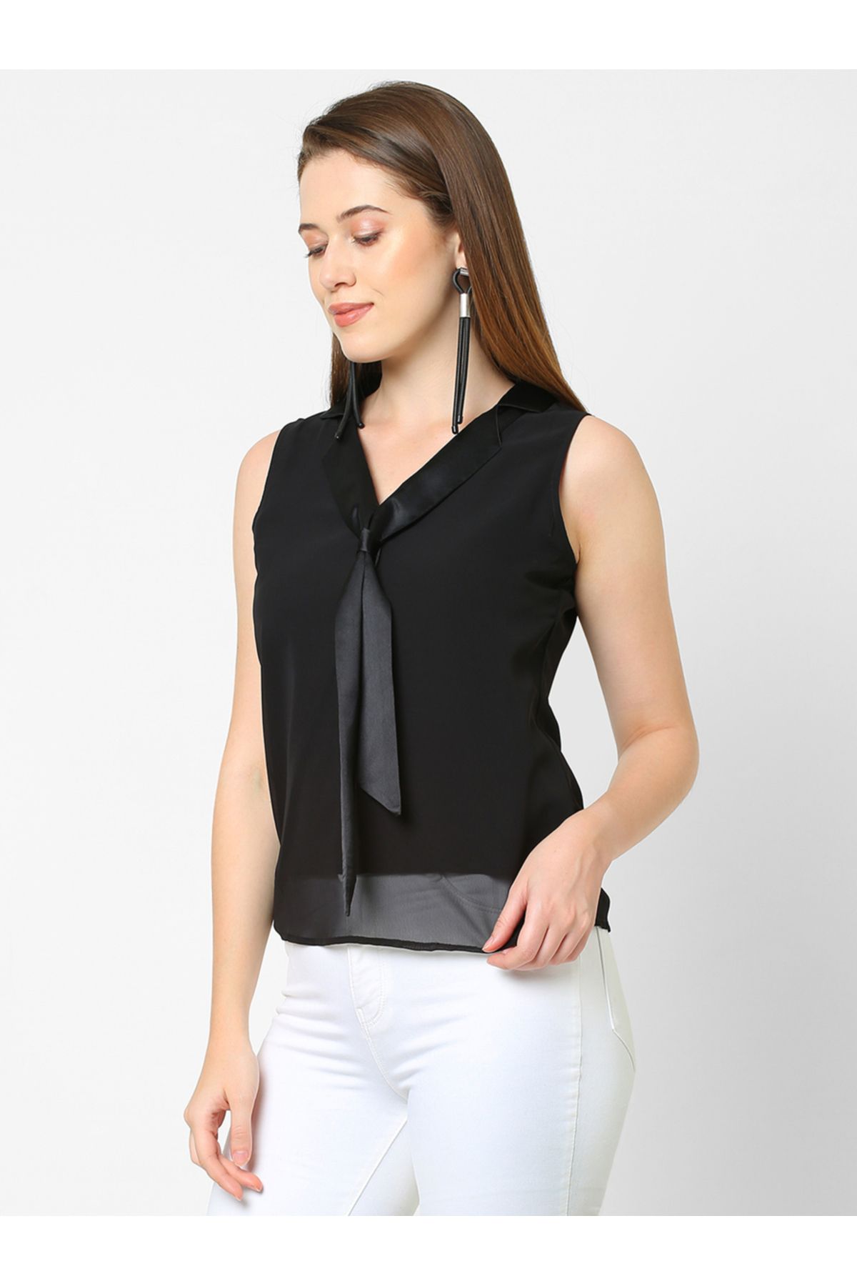 Mish By Styli-Solid Sleeveless Top with Satin Tie Up Detail 4