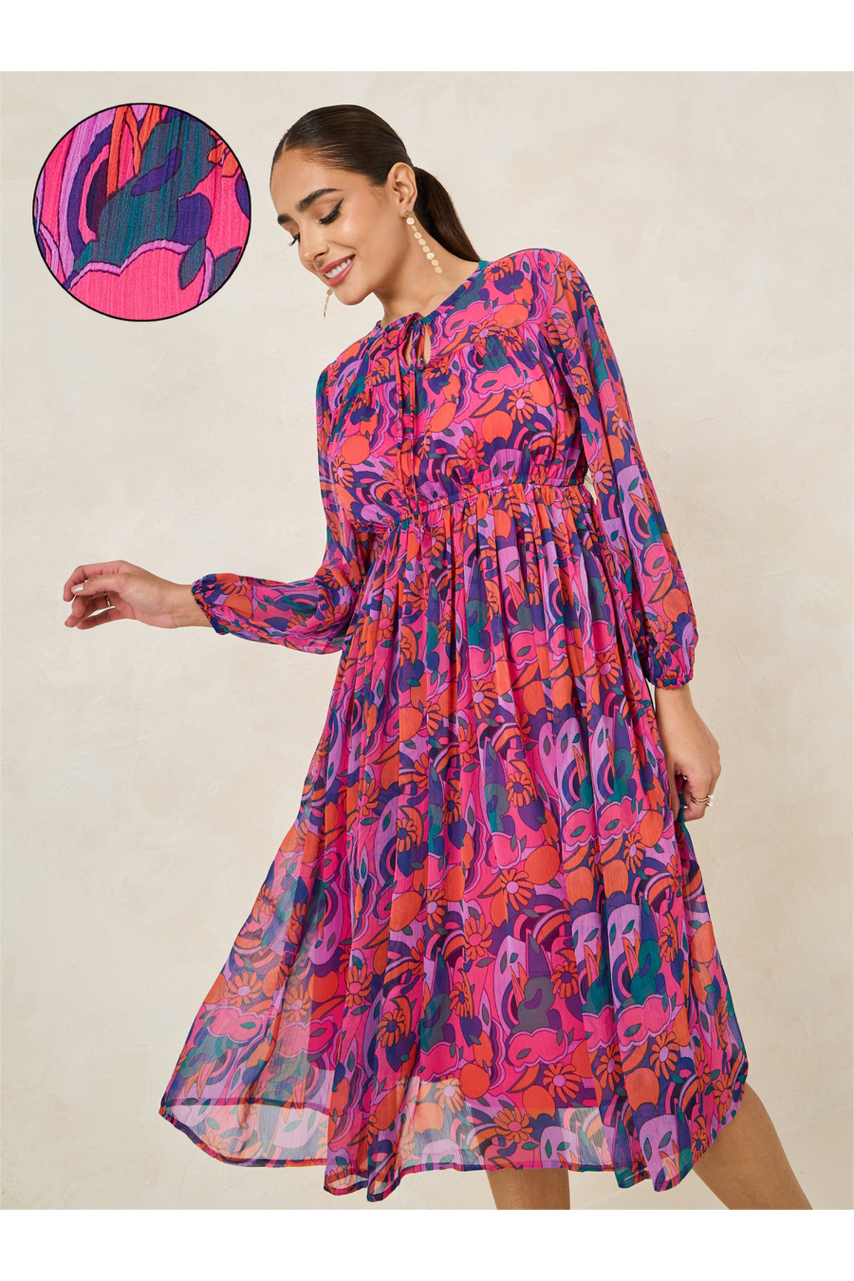 Styli All Over Print Long Sleeve A-Line Midi Dress