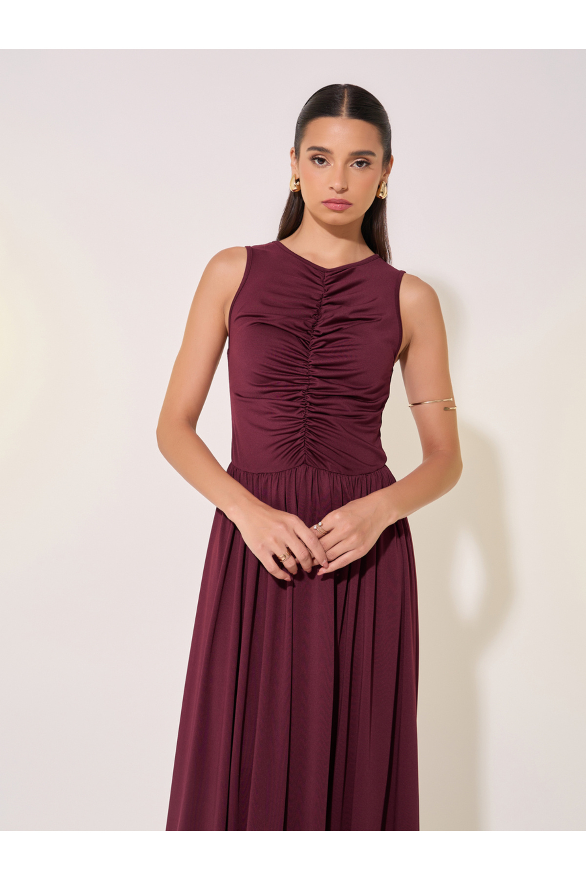Take Two By Styli-Solid Gathered Detail Sleeveless Maxi Dress 3