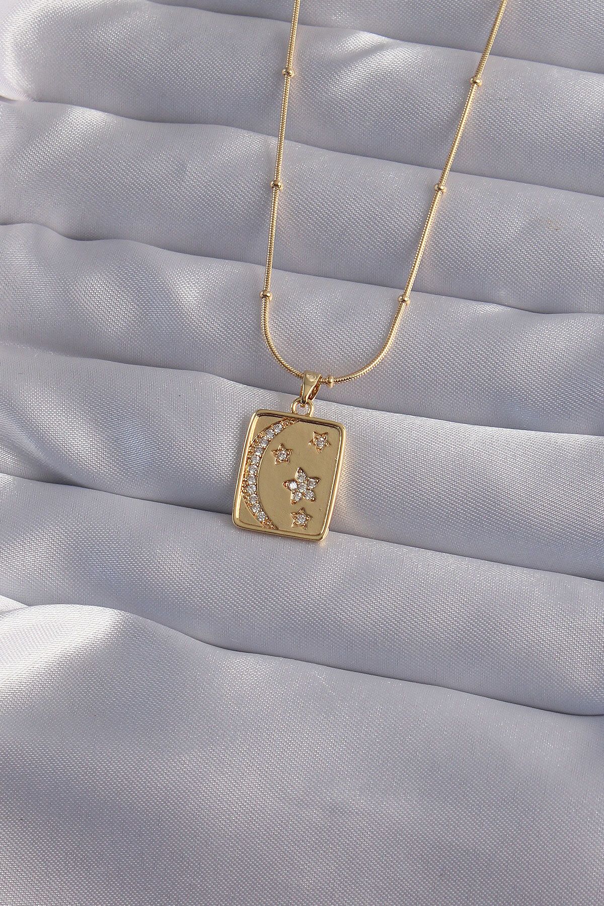 NEZADE STORE 316L Çelik Zincir Gold Renk Zirkon Taşlı Ay Yıldız Figürlü Tarot Kolye - Lisinya