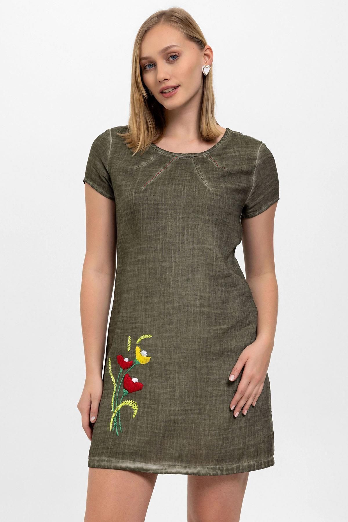 Deriderim-Green Floral Patterned Cotton Short Sleeve Summer Dress 1
