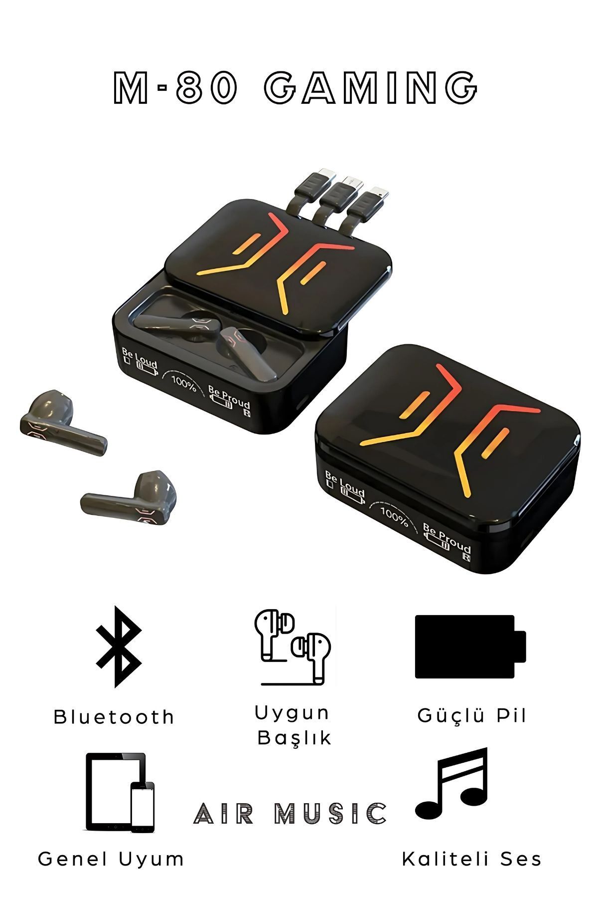 Air Music M-80  Tws Işıklı Kulakiçi Bluetooth Kulaklık Kablosuz OyuNCU Kulaklığı 5.3 Her Telefona Uyumlu