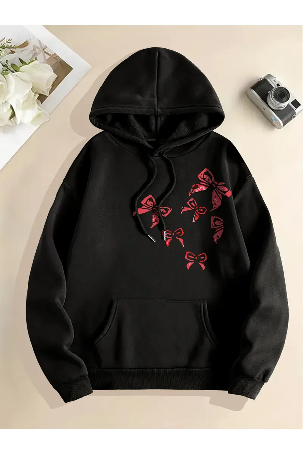 Pink Sky Kabanı ile Papyon Baskılı Unisex Oversize Sweatshirt görsel 2