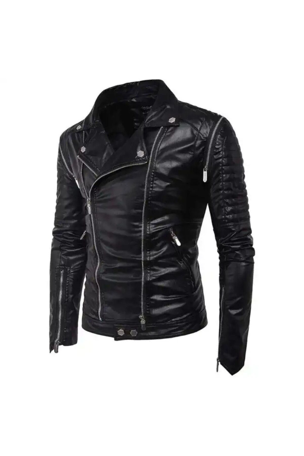 NYC GİYİM TEKSTİL-Genuine Lambskin Shoulders Vertical Ornament Zipper Biker Coats 1