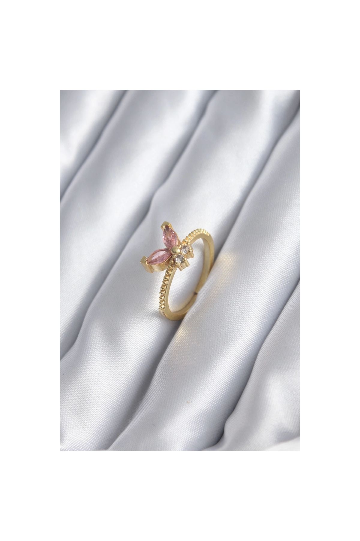 Narnuga Gold Renk Pembe Zirkon Taşlı Kelebek Model Kadın Yüzük - TJ-BYK2842