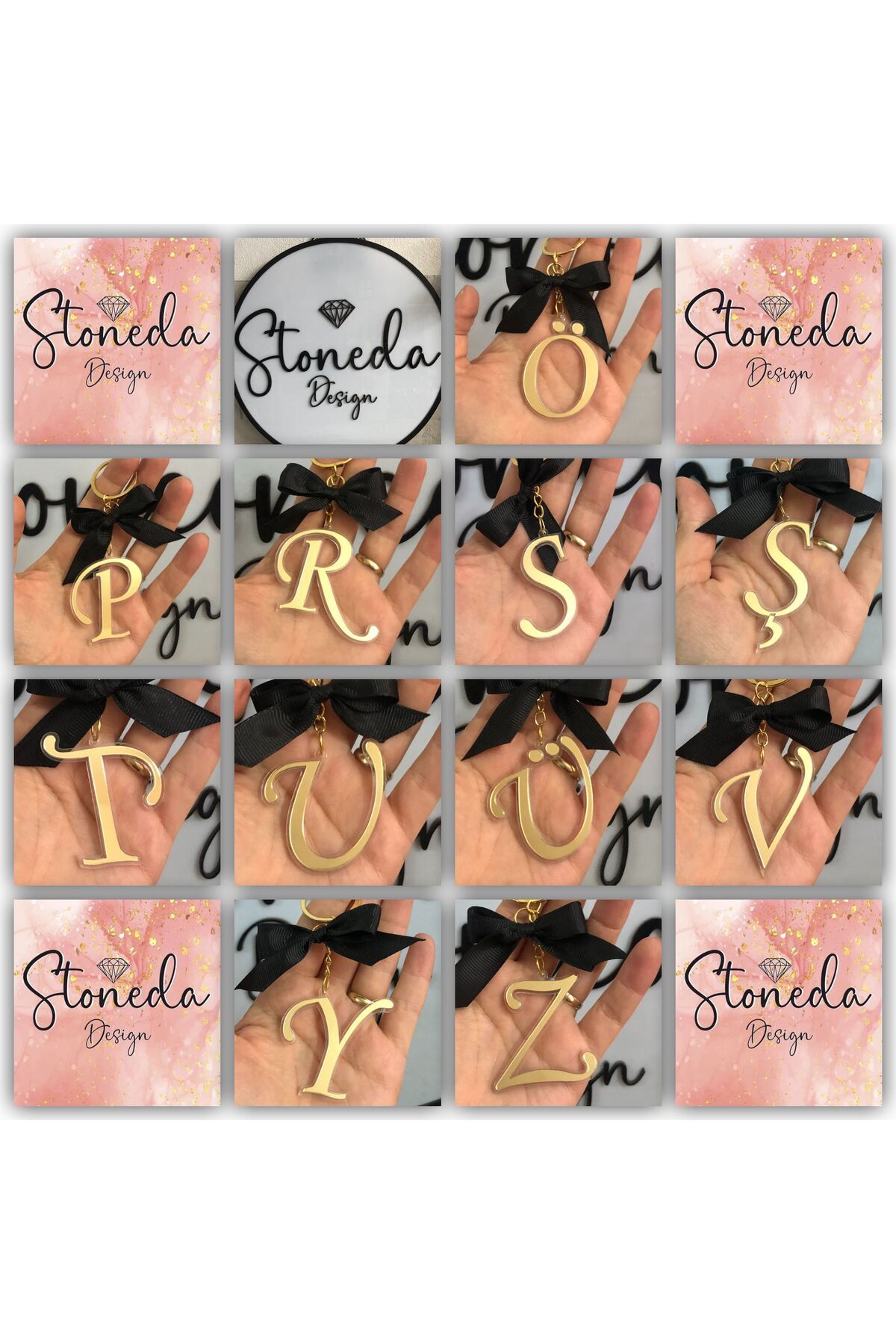 Stoneda-5cm Single Letter Keychain with Bow, Full Inside Model 3