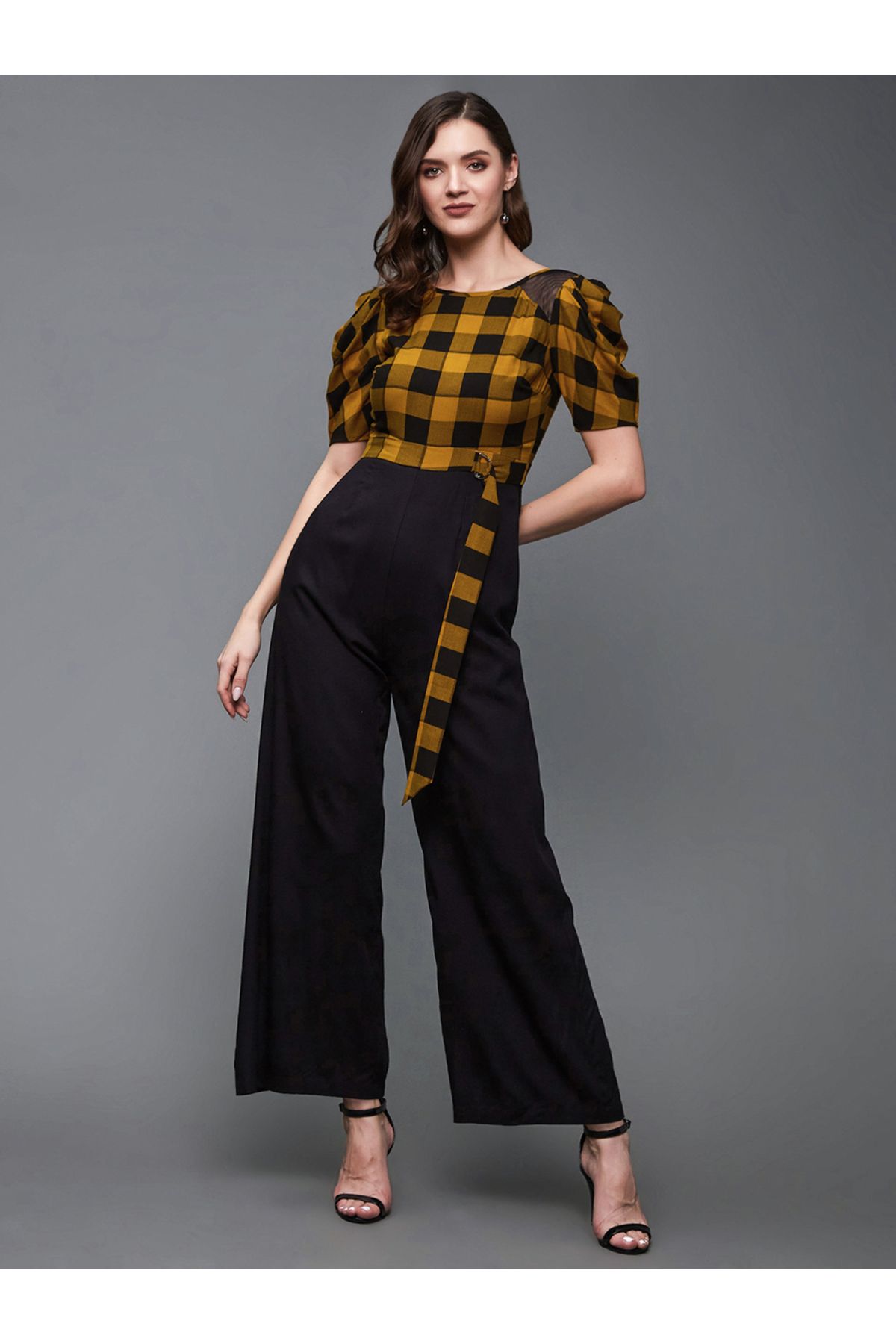 Styli-Checkered Wide Leg Puff Sleeve Jumpsuit 3