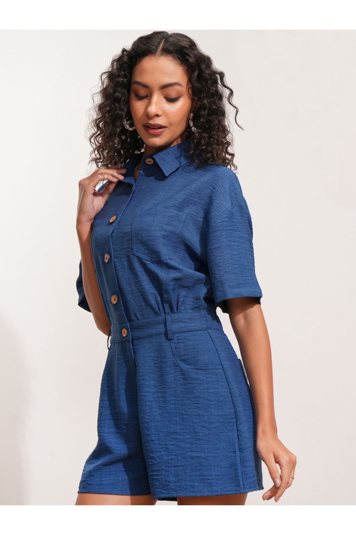 Tokyo Talkies By Styli-Textured Collared Jumpsuit with Button Detail 1