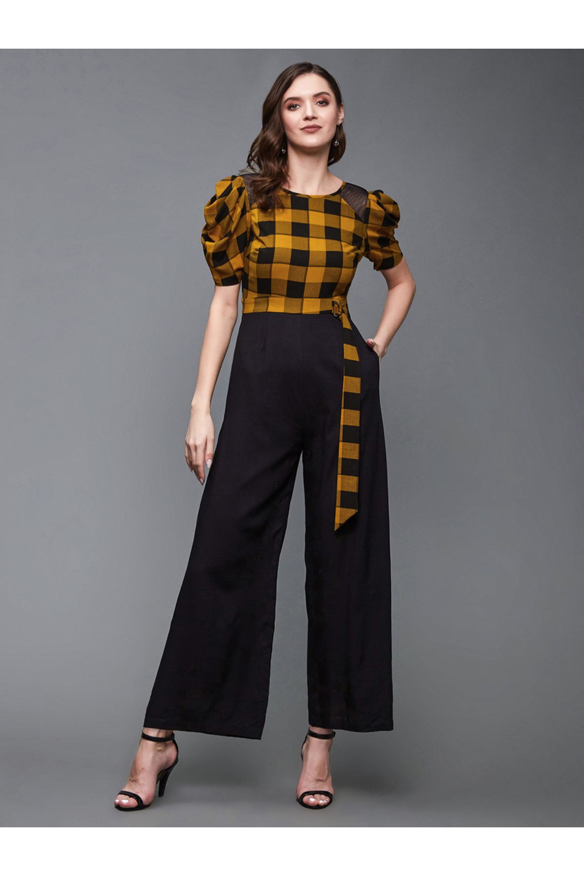 Styli-Checkered Wide Leg Puff Sleeve Jumpsuit 2