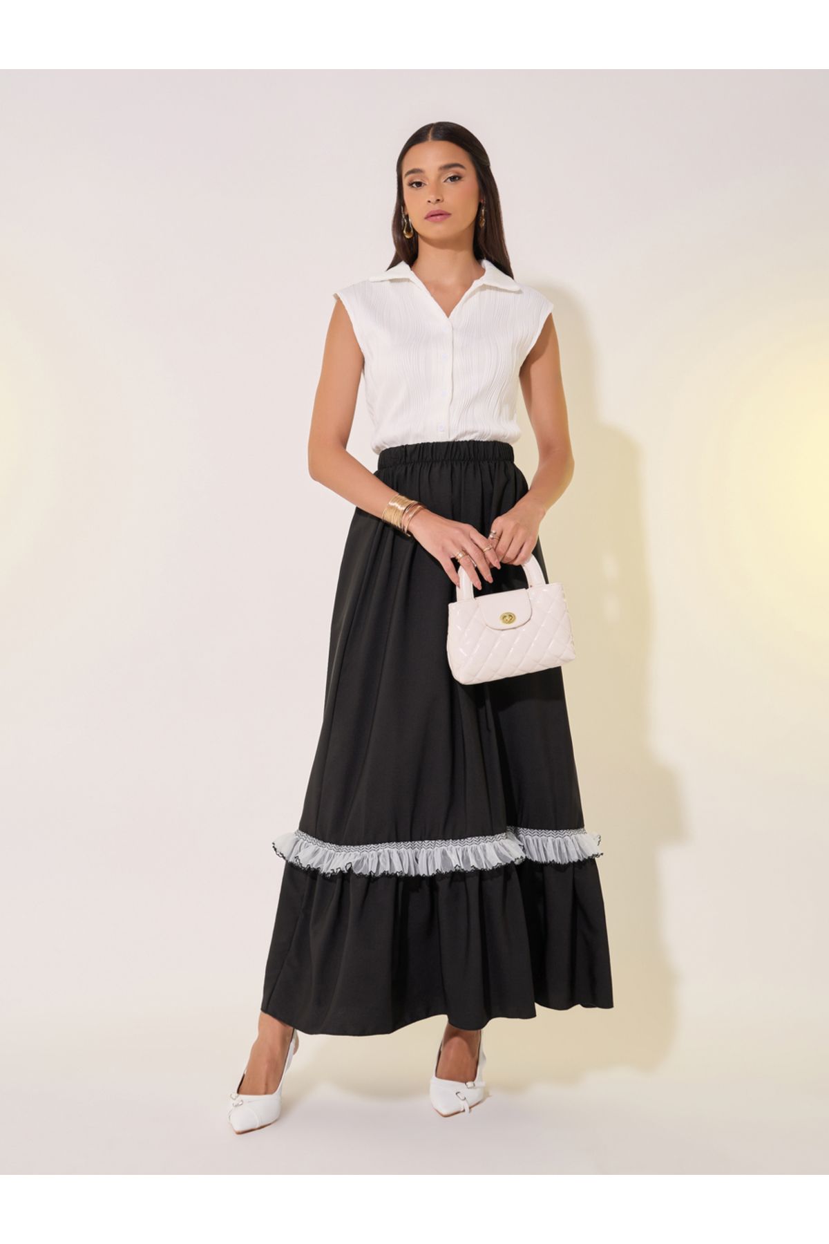 Take Two By Styli-Solid Ruffled Hem Lace Insert A-Line Maxi Skirt 1