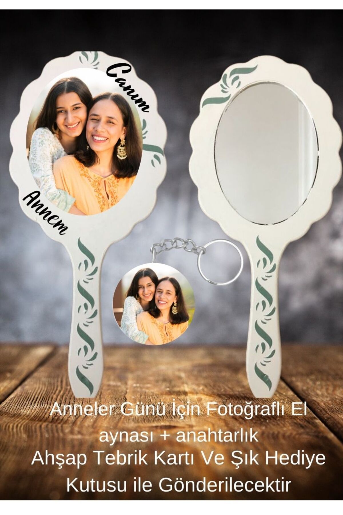Annenizin Fotoğrafının olduğu Anneler Günü Hediyesi El Aynası+Anahtarlık ( kişiselleştirilmiş ) 2