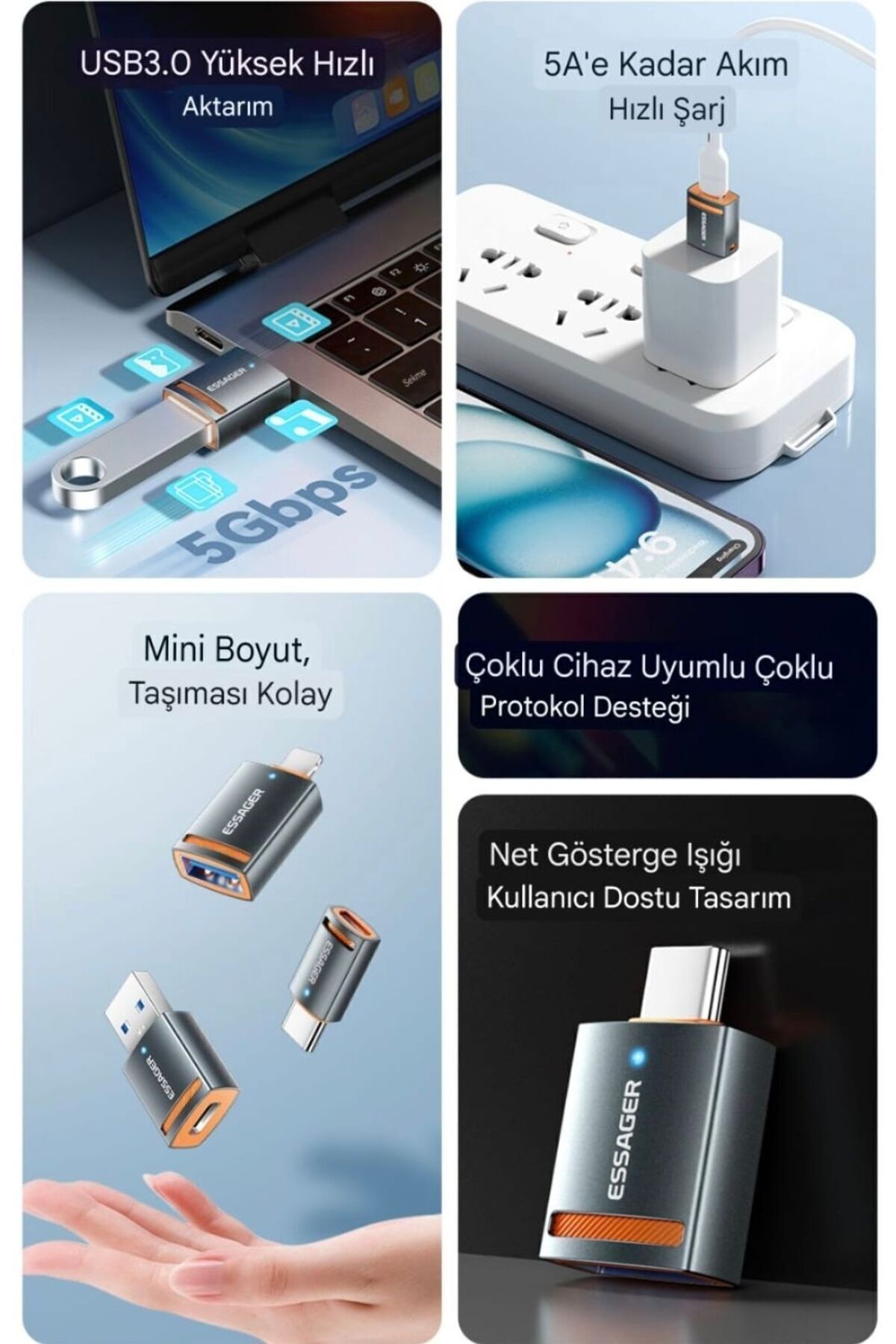 essager-USB 3.0 to Type-C 5A 5Gbps Fast Converter Adapter, New Generation Led Light Converter 4