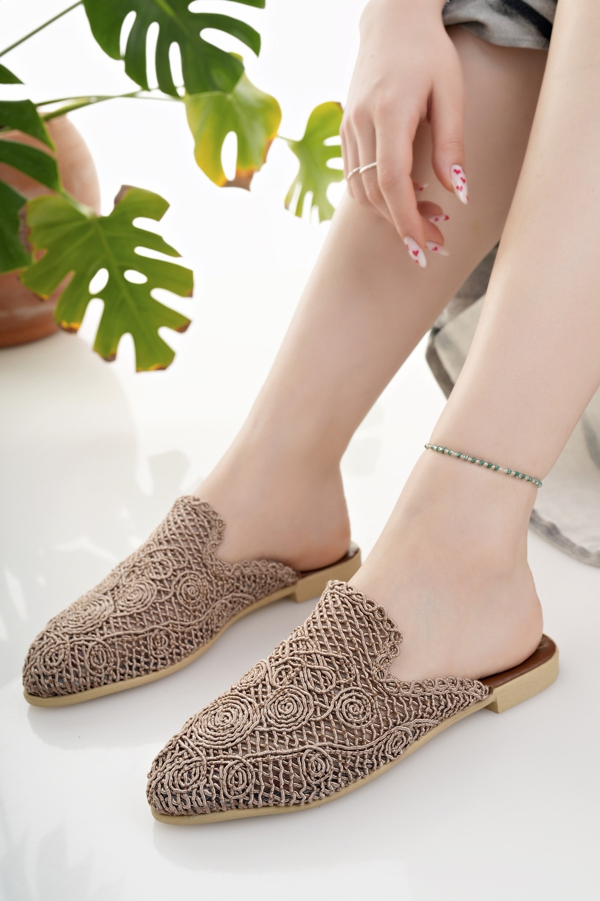 Modafırsat-Women's Slippers Tan Closed Front Knitted Lace Knitwear Embroidery Stylish Straw Summer Home Beach Vacation Slippers 3