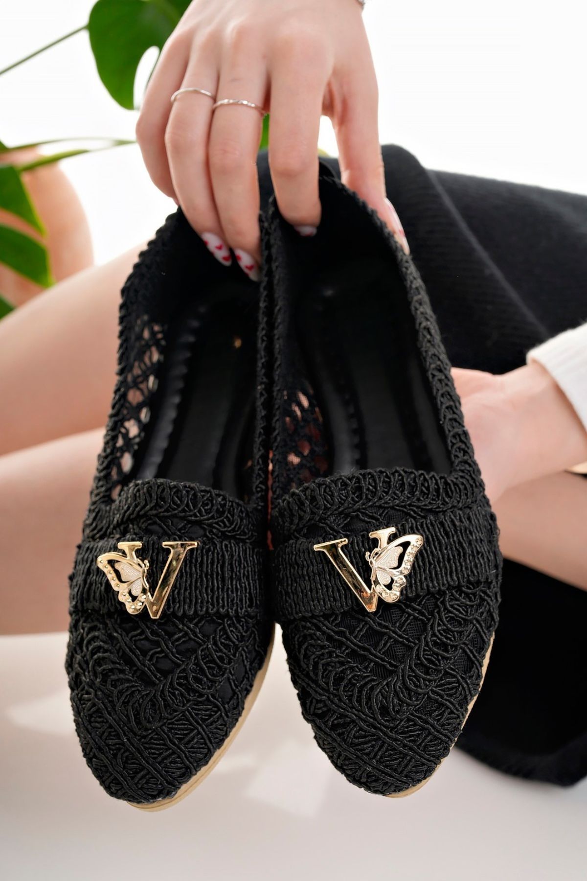 Modafırsat-Women's Ballerinas Black Straw Knitted Lace Mesh Knitwear Stylish Home Business Office Daily Shoes 1