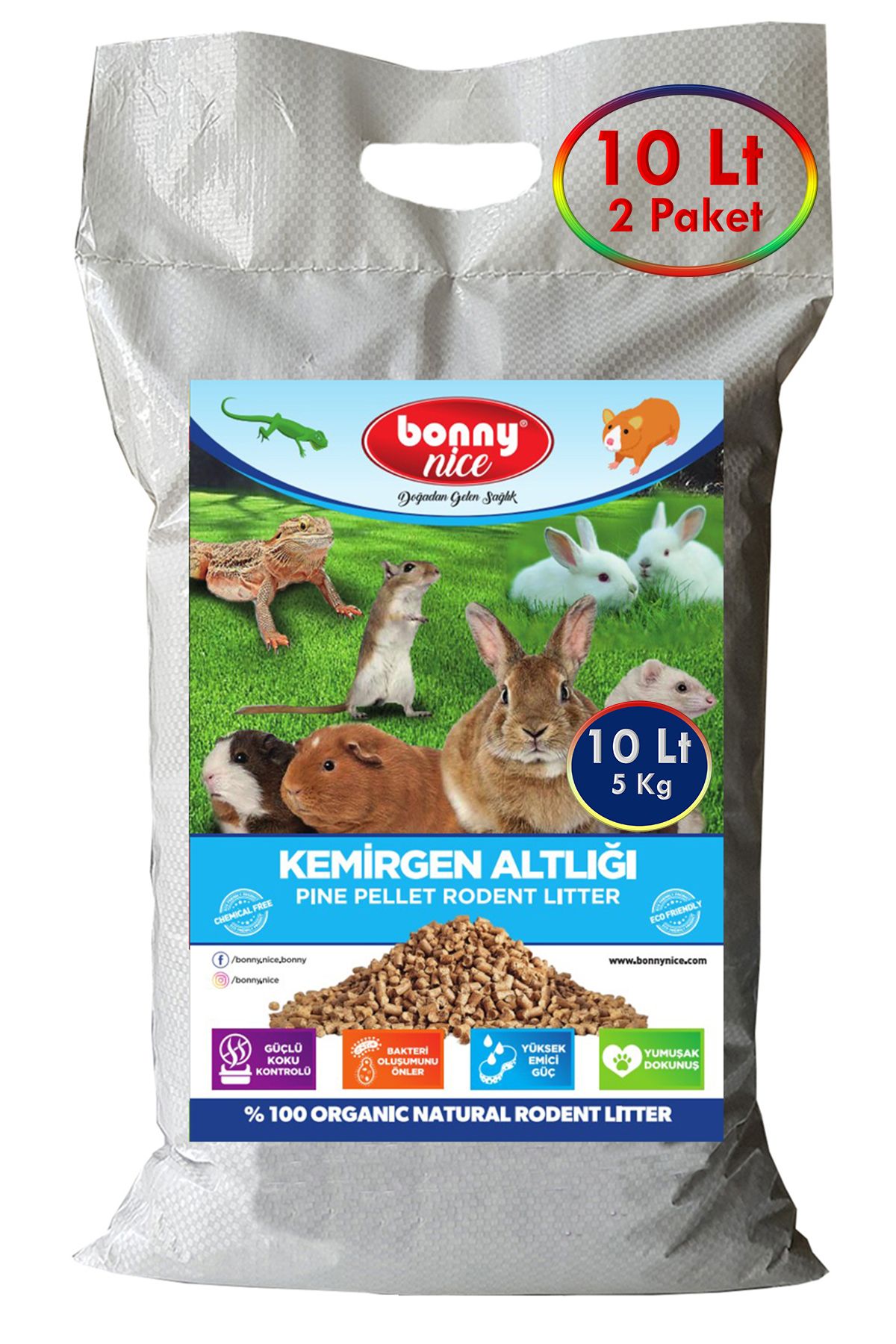 Bonny Nice Doğal Çam Talaşı Pelet Tavşan Kafes Altlığı 5 Kg 10 Lt (2 Adet)