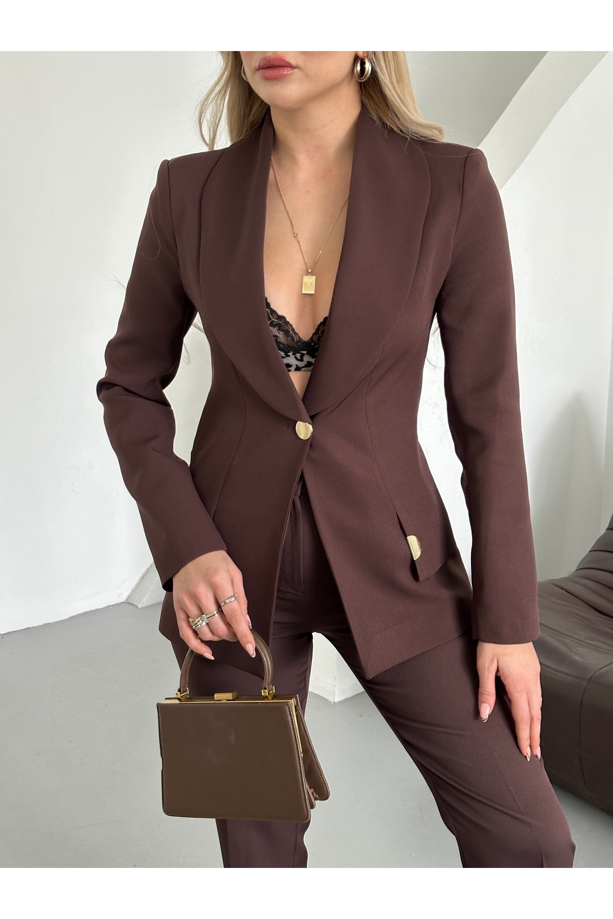 HOEK Kadın kahverengi Gold Detay Blazer Ceket Pantolon Takım Elbise