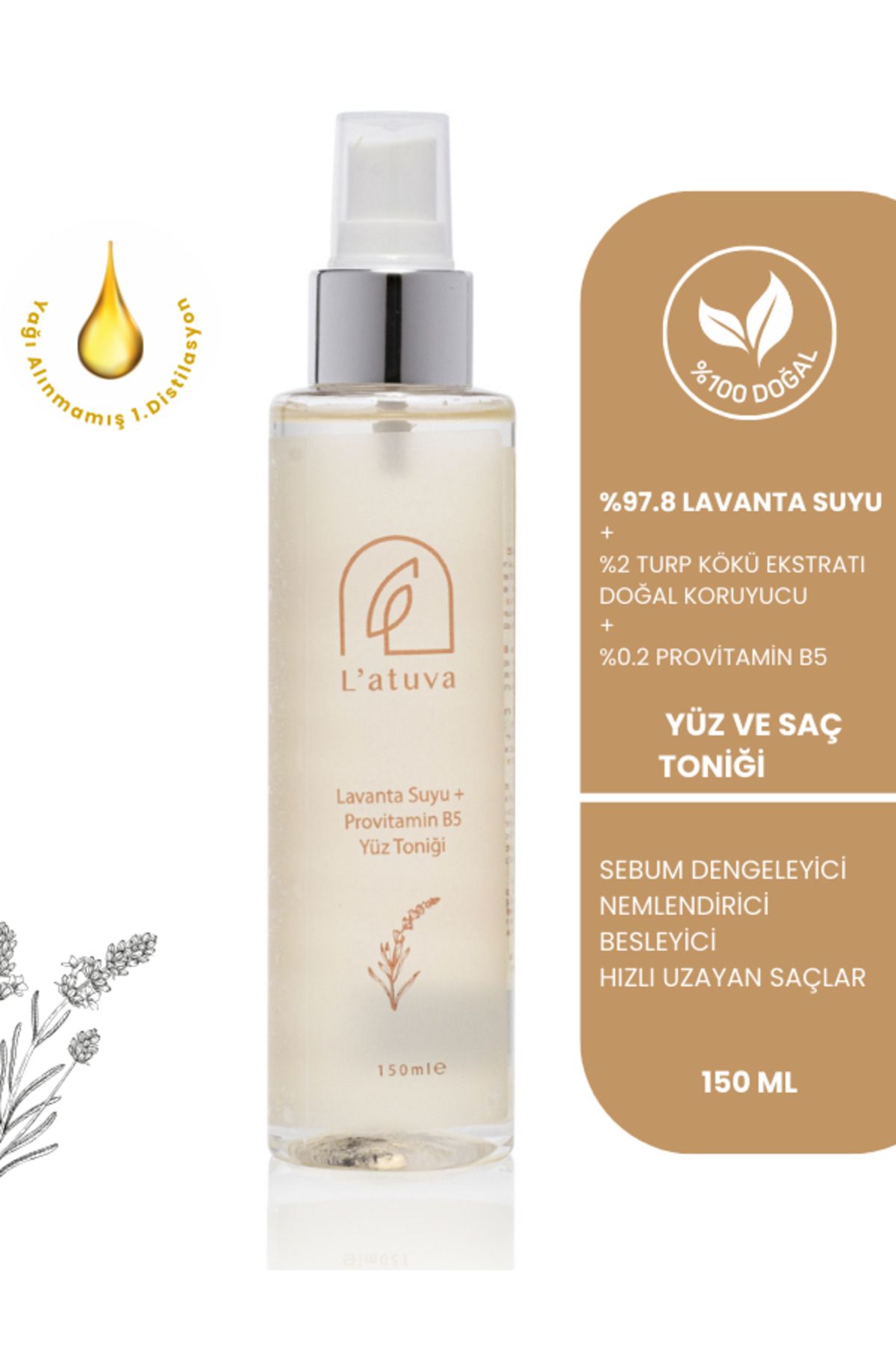 L'atuva Lavanta Suyu %100 Doğal Ve Saf, Canlandırıcı, Besleyici Tonik 150 ml (Provitamin B5 ile Nemlendirir)