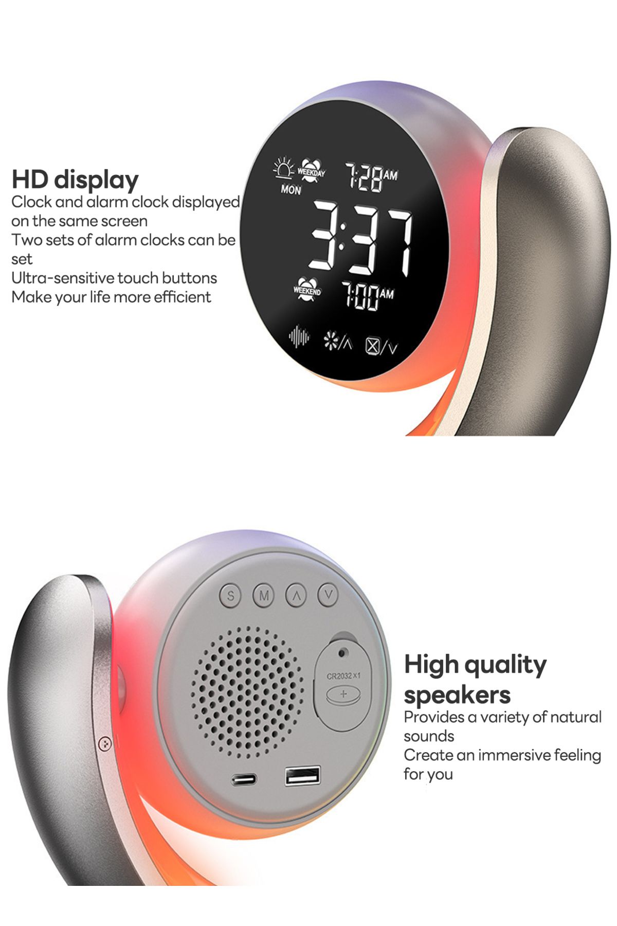 sharpdo-Home RGB Bedside Lamp Ambient Light with Dual Alarm Clock and Dual Wake-Up Touch Function 20W 7