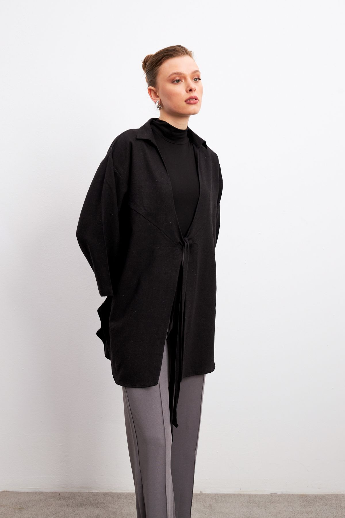 Yefrastore-Black Flam Linen Kimono Shirt 4