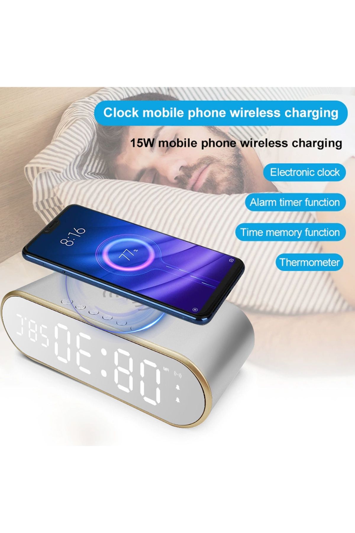 sharpdo-Multifunctional 3 in 1 Smart Desktop Alarm Clock with Wireless Charging Function for Mobile Phone 4